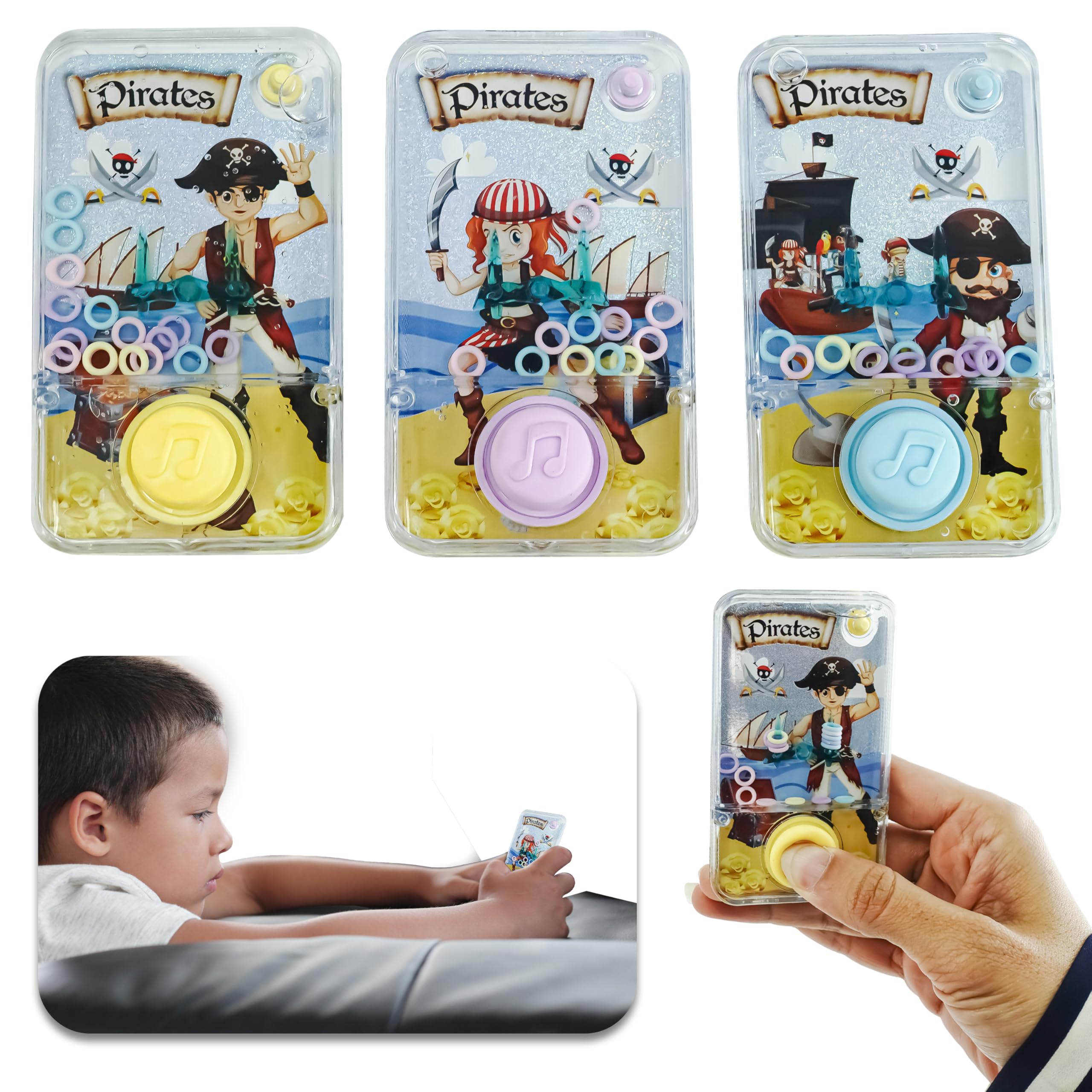 Handheld Water Ring Toss for Kids, Mini Pirate Hoop Toy, Retro Push Button Travel Game, Stress Relief, Stocking Filler, No Batteries, 9.5cm - Random
