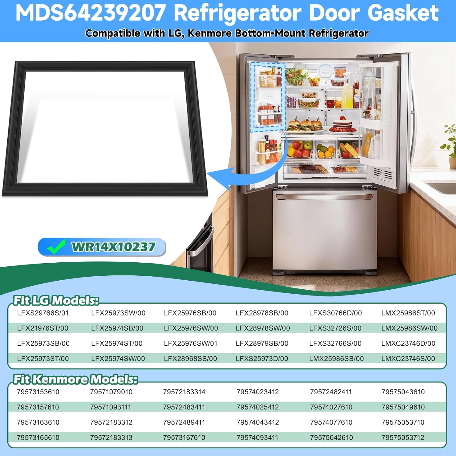 UPGRADED MDS64239207 Refrigerator Door Gasket Replacement Compatible with LG, Kenmore Bottom-Mount Refrigerator Door Seal, Replaces Part Number MDS62111101 MDS62111103 Freezer Door Gasket (Black)
