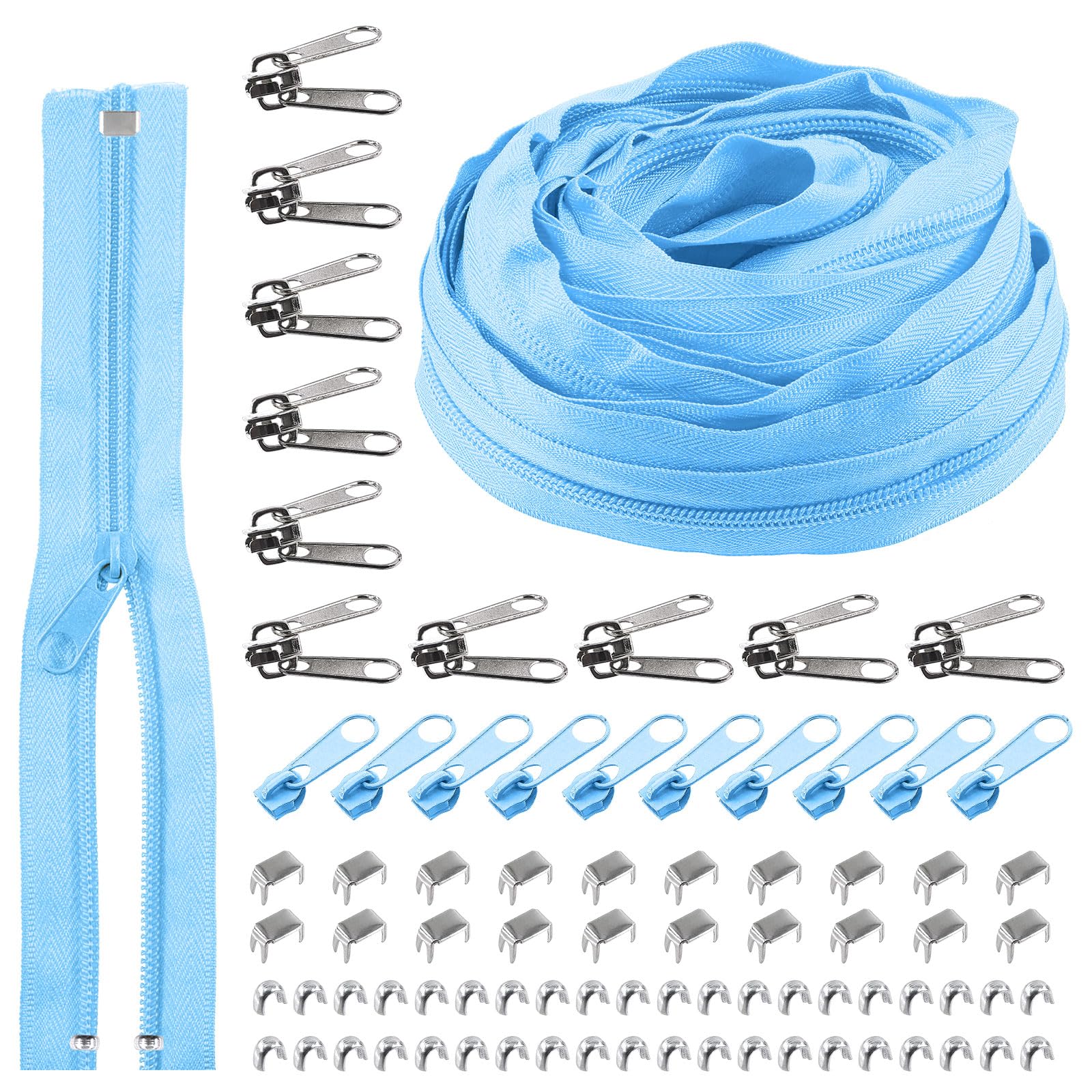 Rustark 1 Roll 10 Yard #5 Sky Blue Nylon Zipper Tape Assortment Kit, Zippers for Sewing Nylon Coil Zipper Tape Zipper Strip Roll with Zipper Sliders Zipper Pull and Zipper Stops for Sewing DIY Craft