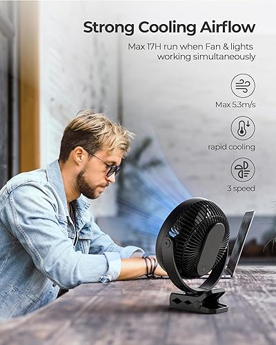 Miniatura 2 de xasla Ventilador portátil de clip de 10000 mAh con luz, ventilador de batería recargable de 8 pulgadas, 24 horas de duración, pantalla digital de
