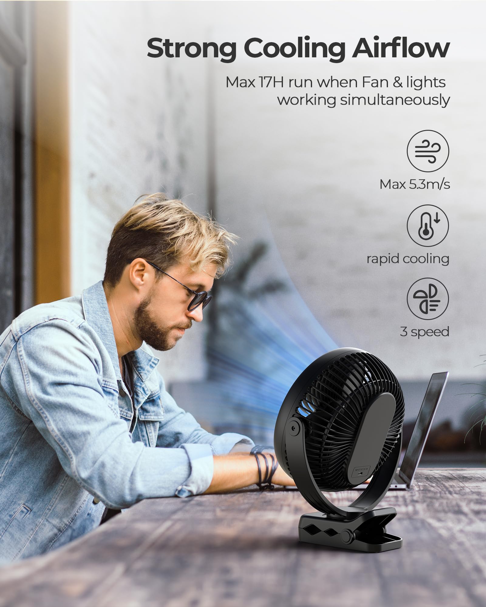 xasla Ventilatore portatile a clip con timer a batteria