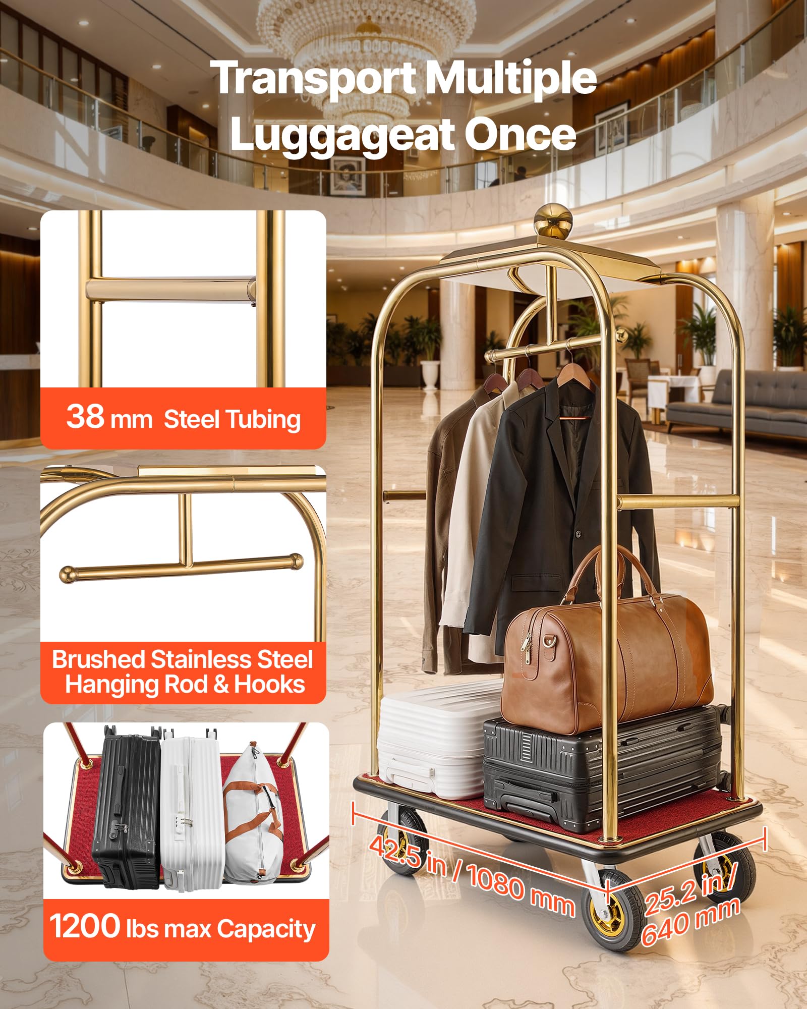 VEVOR Carrito de Transporte para Hotel, Carro de Equipaje con Barra para Colgar de Acero Inoxidable con Plataforma Roja de 1080 x 640 mm, Capacidad 544 kg con Ruedas de Goma para Resorts Recepciones