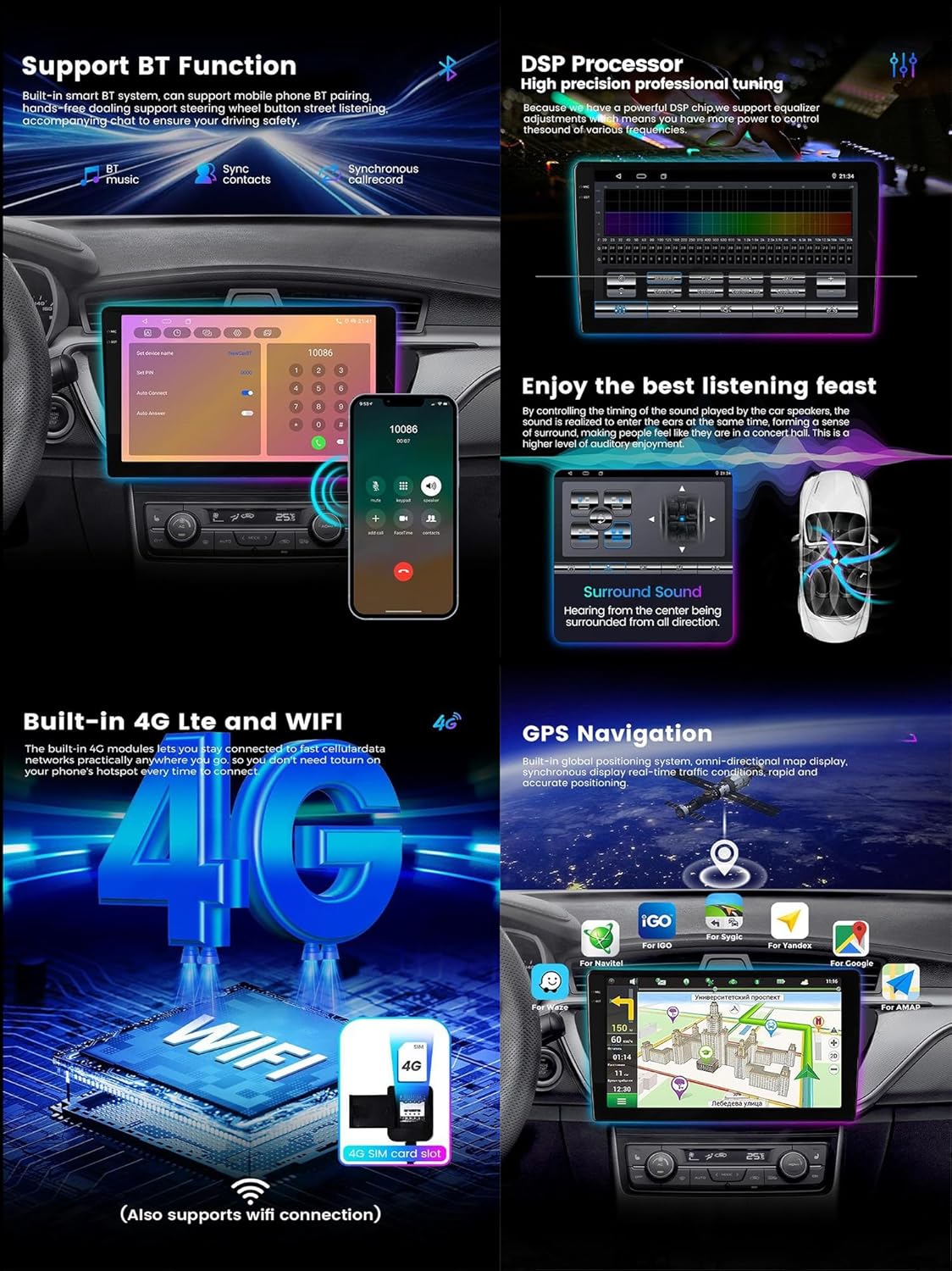 Screenshots demonstrating Bluetooth music, contact sync, and hands-free calling features