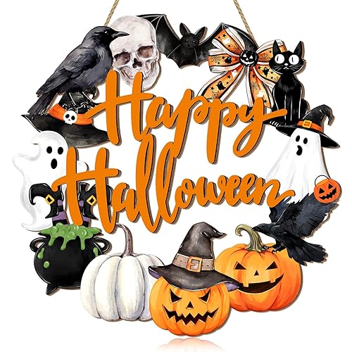 Happy Halloween Wood Wreath Ghost Black Cat Pumpkin Skull Door