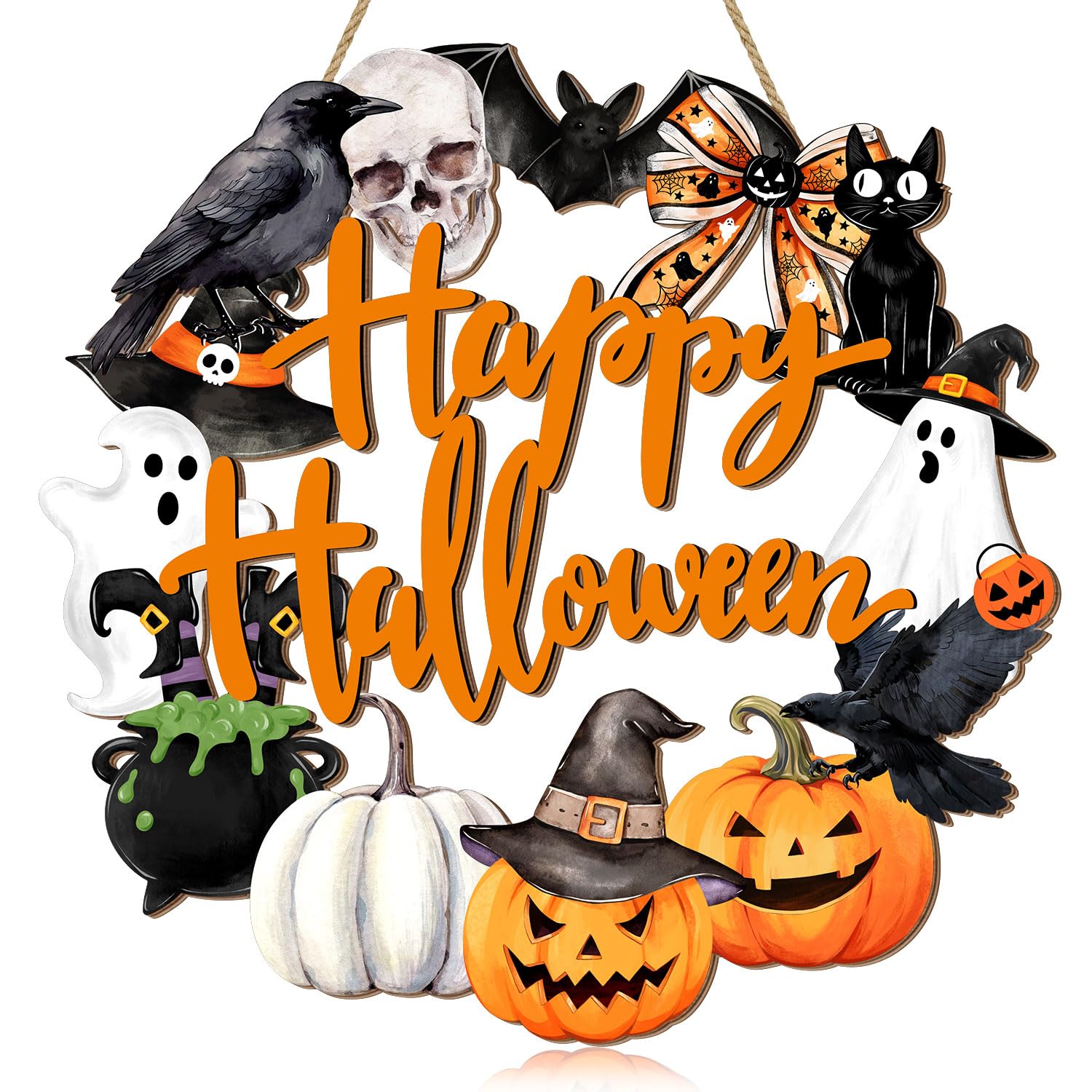 Happy Halloween Wood Wreath Ghost Black Cat Pumpkin Skull Door Hanging Sign Decorations, Rustic Spooky Halloween Wooden Signs for Front Door Hanger Home Decor Party Supplies Watercolor