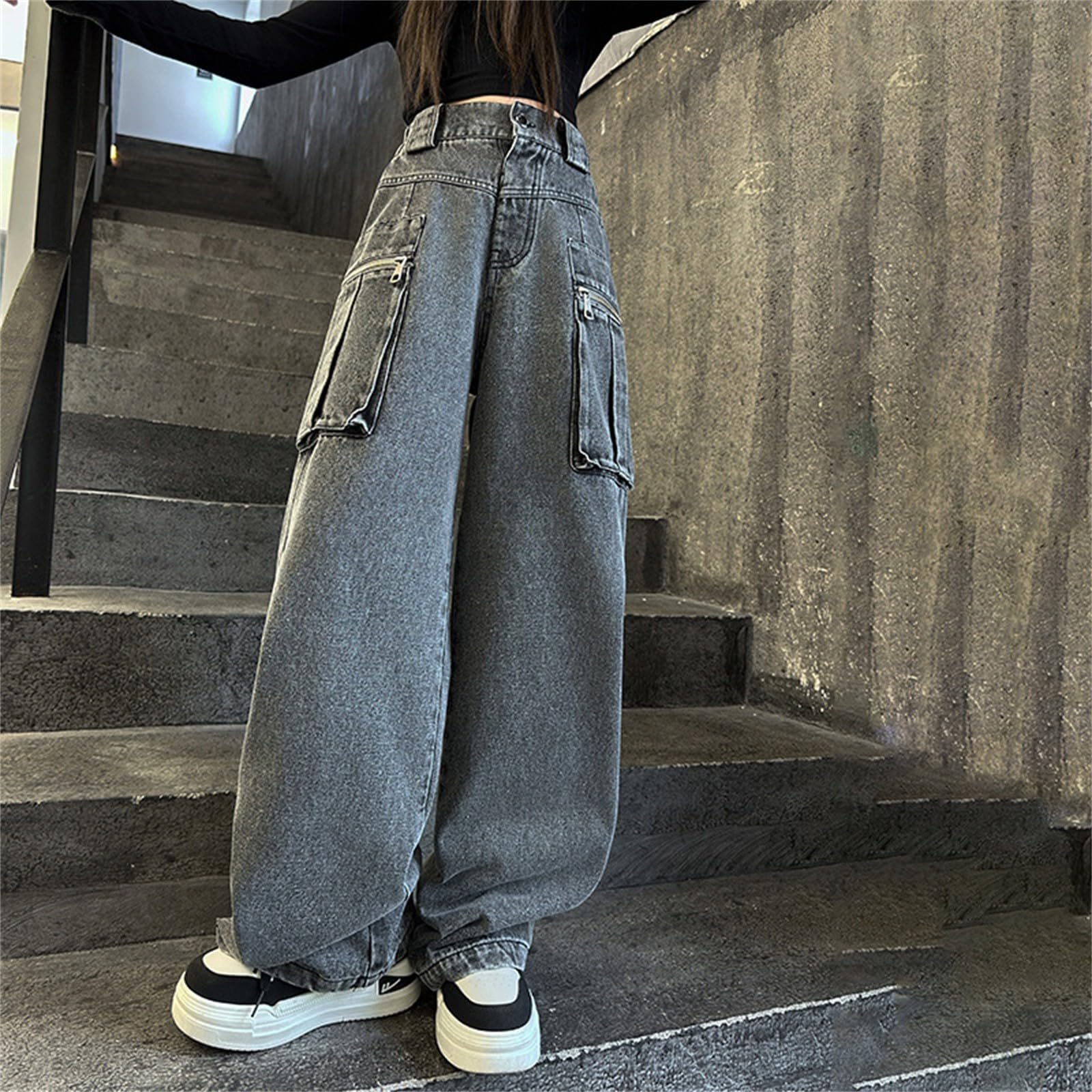 Jeans Large Ragazza Bootcut Strappato Elastico, Pantaloni Baggy in Denim a Vita Alta - Zampa di Elefante - Pantaloni Cargo per 5-16 Anni Bambini
