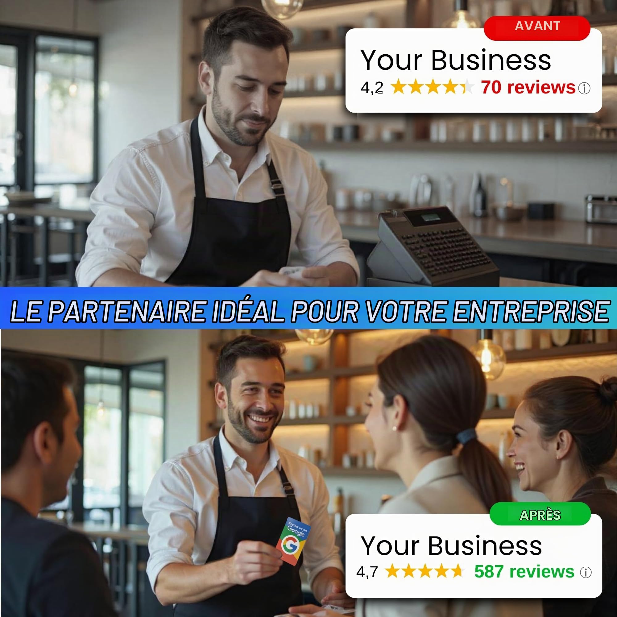 Cartes pour Google Review – Lot de 2 QR et NFC tactiles réutilisables pour iPhone et Android – Boostez vos avis – Configuration facile à domicile | par MESSAGENES