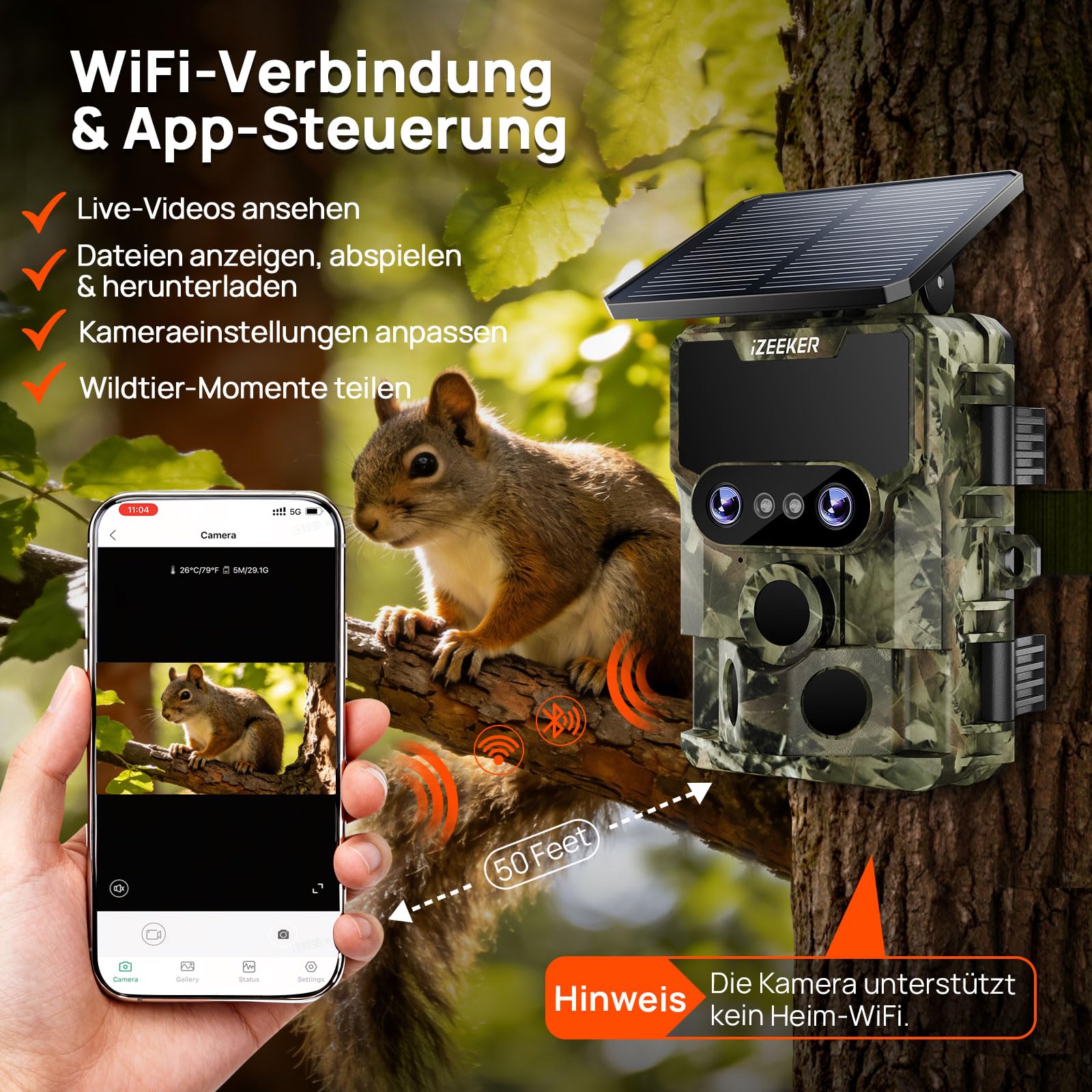 iZEEKER Wildkamera WLAN Duales Objektiv 4K 30fps 60MP, Wildtierkamera mit Sternenlicht Nachtsicht Bewegungsmelder, 120° Erfassungswinkel 0,1s Auslösezeit, Wildcamera mit 32GB SD-Karte und 4 Batterien