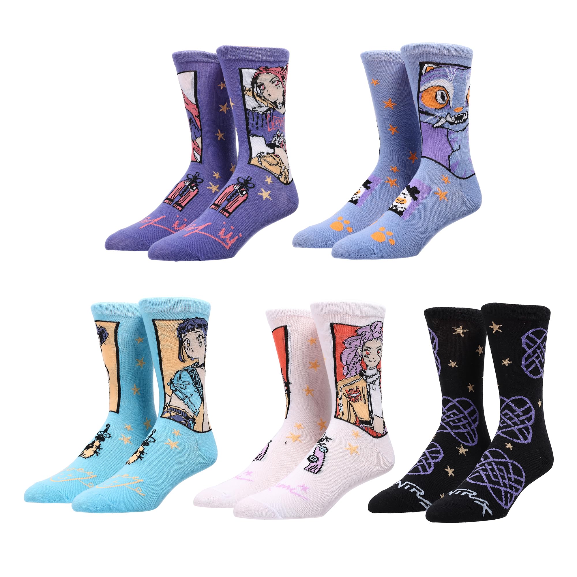 Bioworld KPop Demon Hunters Hunter/X & Derpy 5-Pair Pack Casual Crew Socks