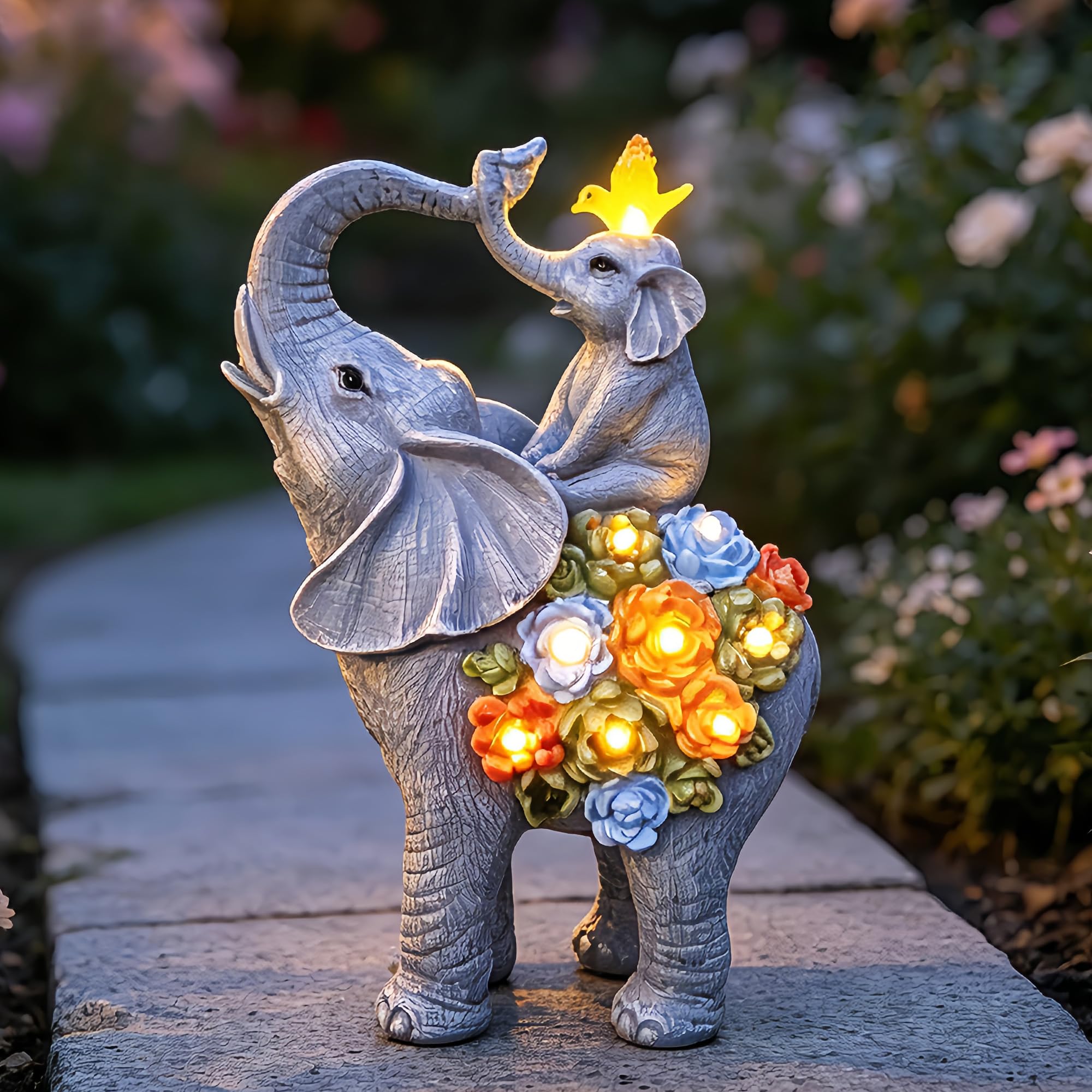 lifemet Solar Elephant Garden Statue with Succulents - Garden Ornaments Outdoor Elephant Figurine Solar Lights, Waterproof Resin Sculpture, Birthday Gifts for Women, Patio Decor