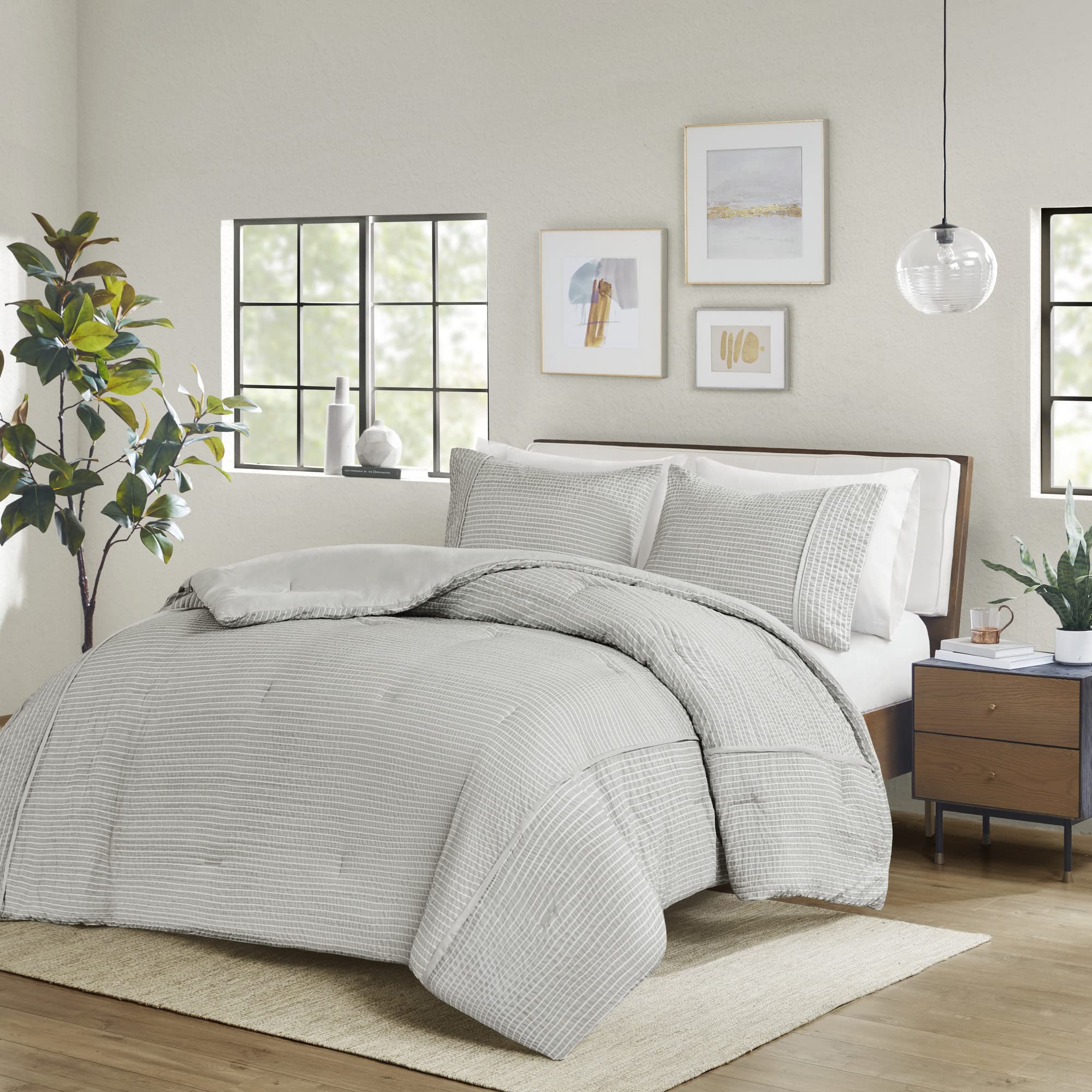 Beautyrest Apollo Oversized Comforter Set - Cationic Dye Seersucker Striped Bed Cover Design, Modern Down Alternative, All Season Bedding with Matching Shams, Full/Queen(92"x94") Grey 3 Piece