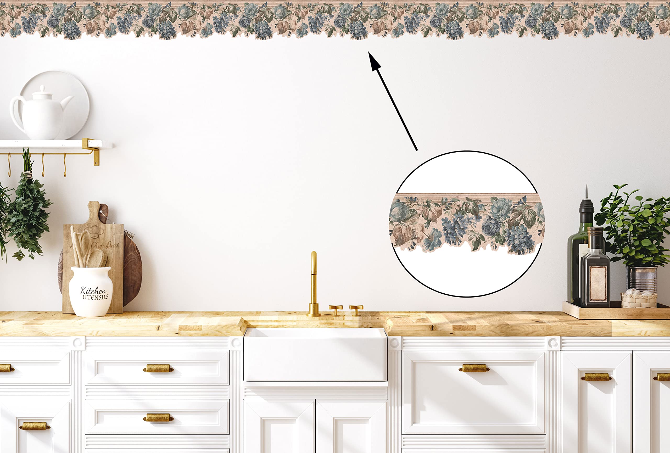 Concord Wallcoverings Floral Wallpaper Border – 10" X 15' Roll, White/Green/Blue Buds & Leaves, Pre-Pasted, Washable, For Farmhouse Or Cottage Décor
