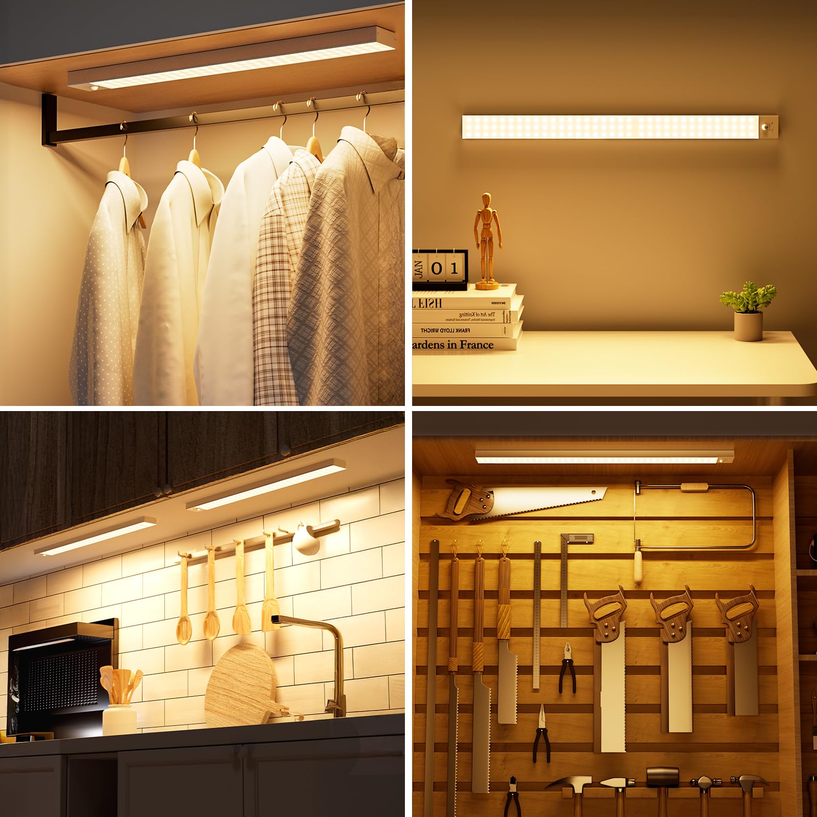 Lámpara LED para armario de cocina, 60 cm, 2 unidades, blanco cálido con detector de movimiento, batería interior, luz de armario, barra de luz USB con sensor para armario, armario, maletero, RV