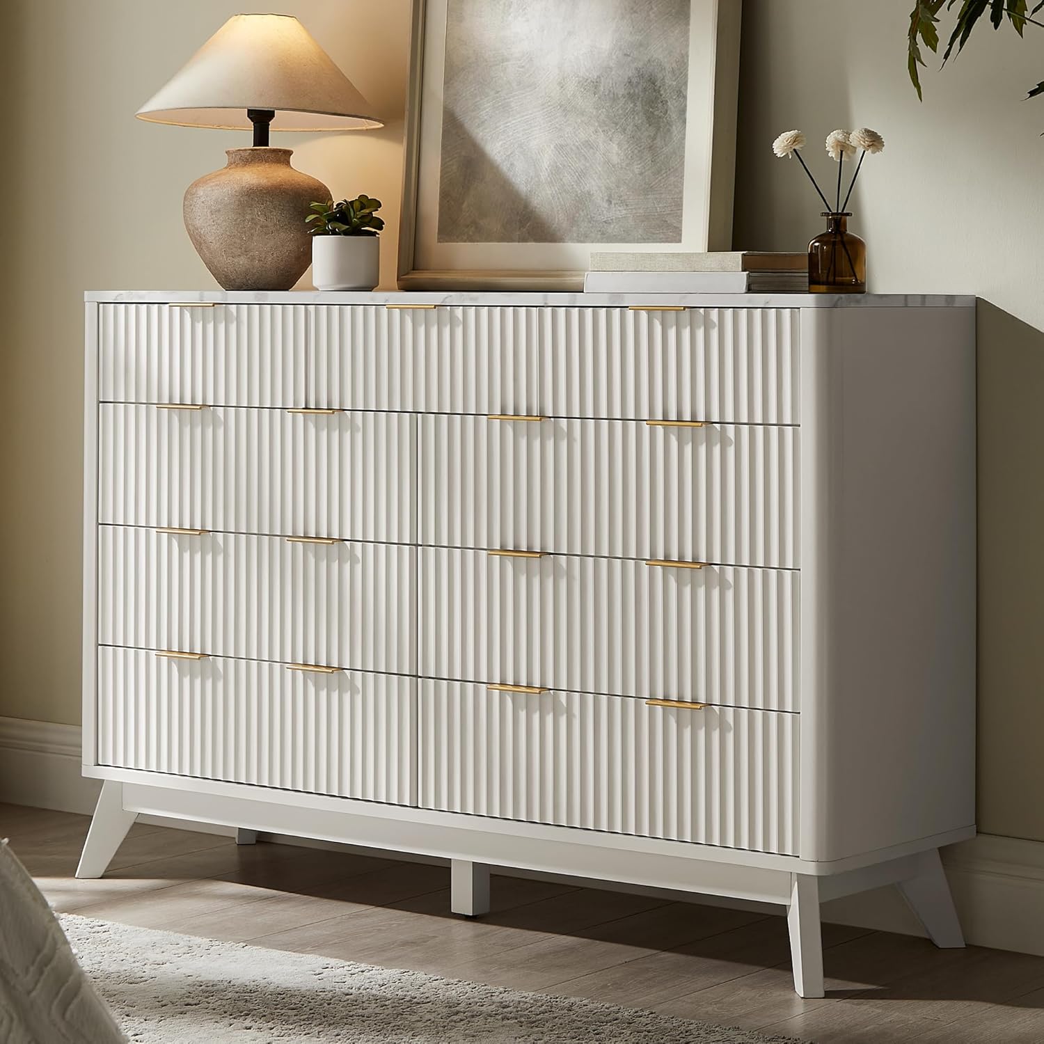 T4TREAM Fluted 6 Drawers Dresser, 54" Wide Modern Chest of Drawers, Curved Profile Design, Dresser TV Stand, Wood Drawer Organizer for Bedroom, Living Room, Hallway, Dark Walnut