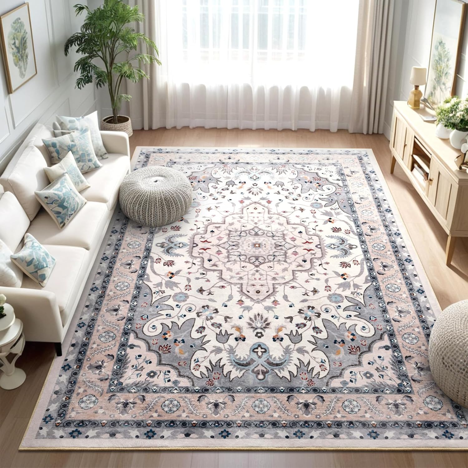 Area Rugs for Living Room, 4x6 Washable Non Slip Vintage Rugs, Low Pile Ultra Soft Indoor Print Pattern Carpet for Bedroom, Entryway, Office, Dining Room, Home Decor, Beige Beige 4' x 6' (Rectangular)