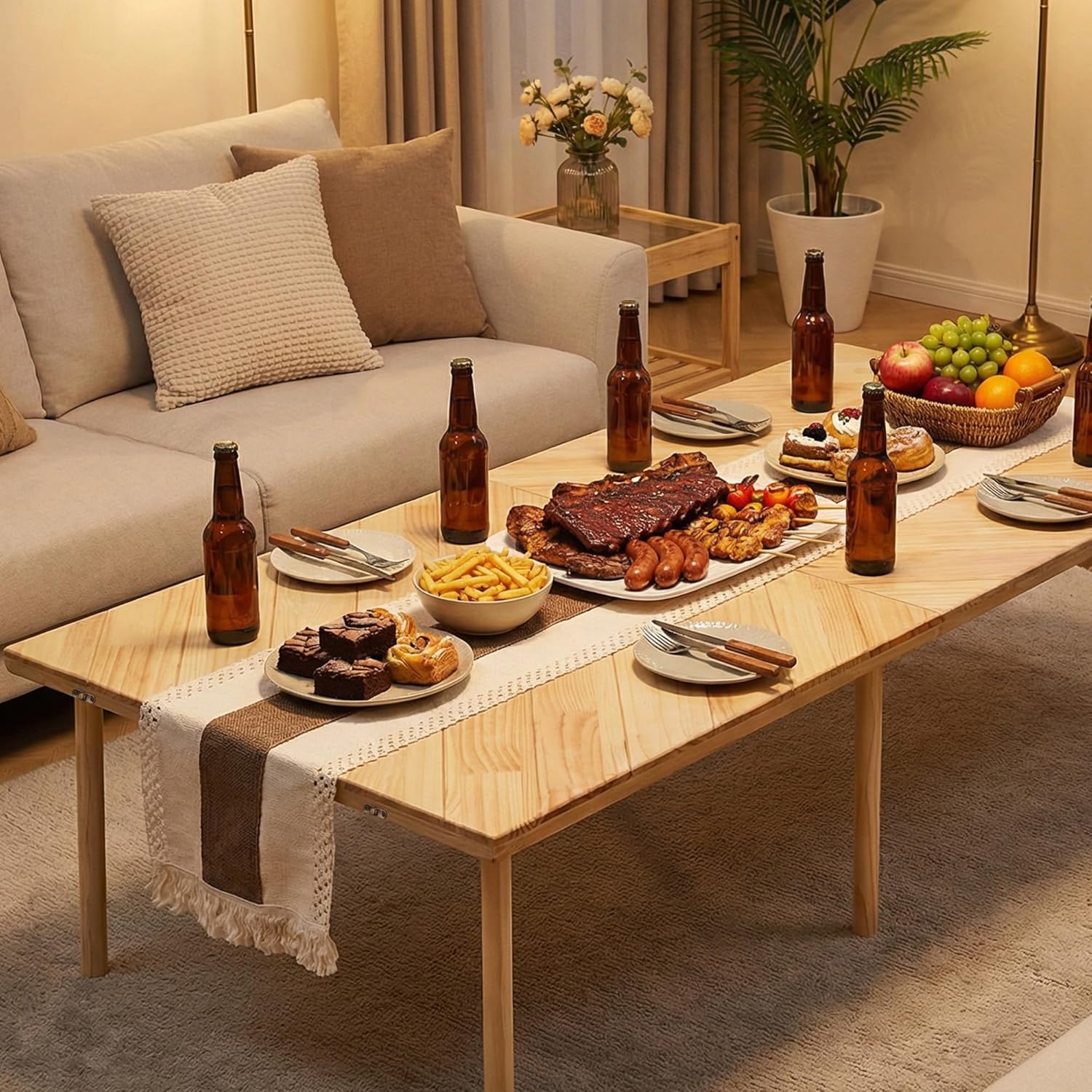 60" x 30" Folding Picnic Table with Boho Table Runner Wooden Low Table Portable for Indoor Outdoor Use Ideal for Camping Beach Weddings Garden Parties (Herringbone)