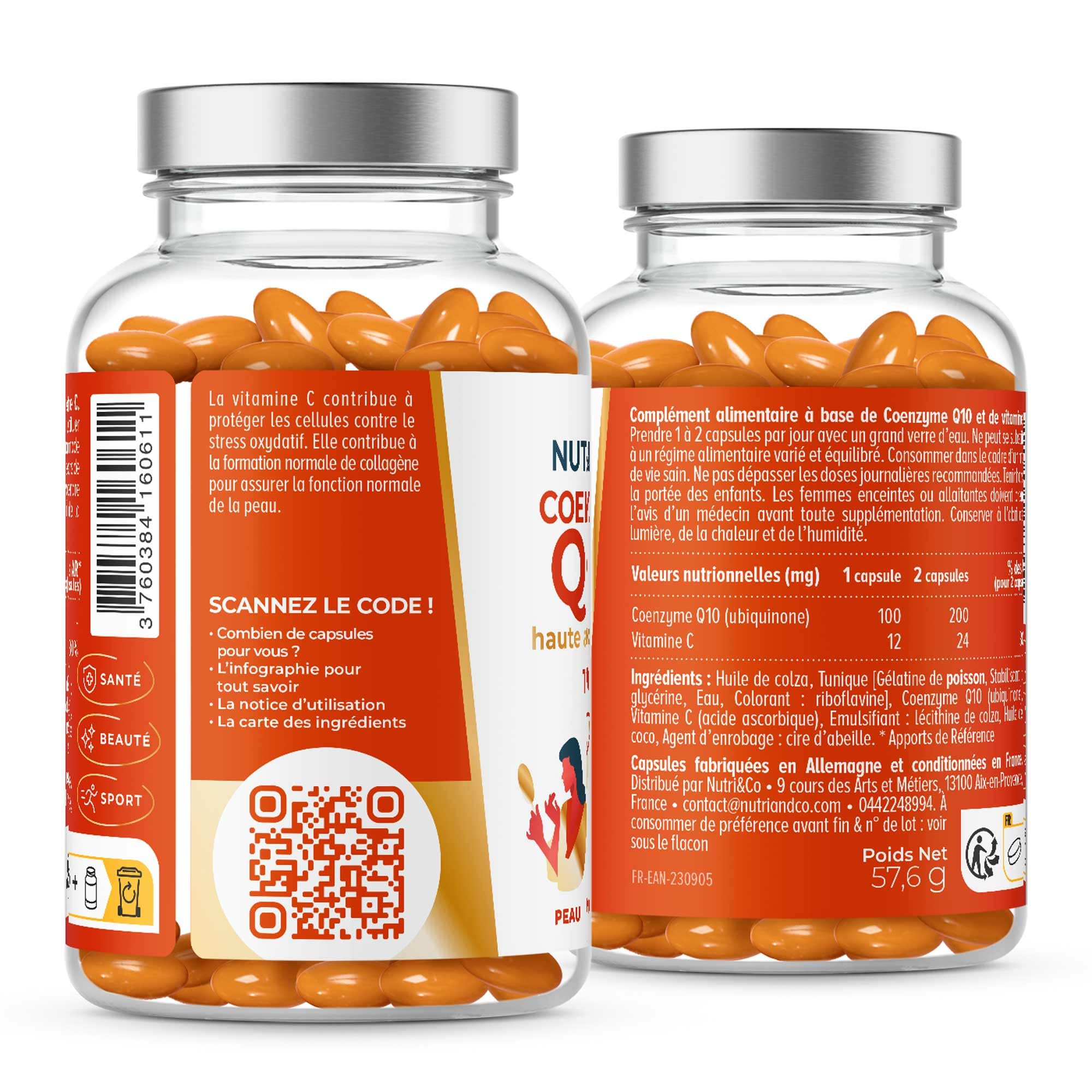 NUTRI & CO Coenzyme Q10 Ubiquinone 200mg + Vitamine C - Complément Alimentaire Peau Anti-Âge et Anti-Rides - Santé Cardiovasculaire - 120 Capsules Haute Absorption - Conditionné en France