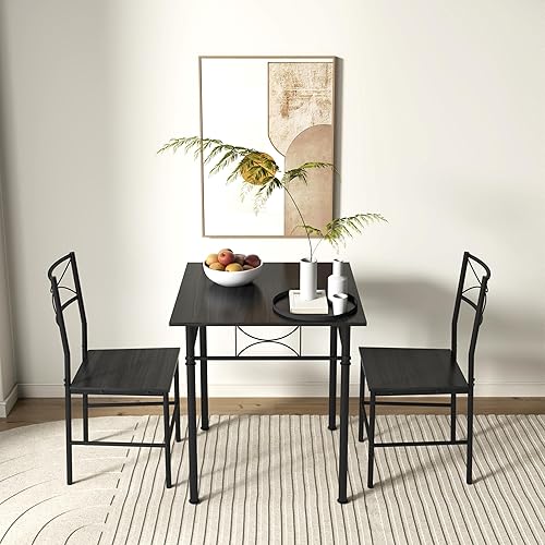 Miniatura 4 de JOIN IRON Juego de mesa de comedor de 3 piezas para espacios pequeños, mesa cuadrada de madera de hierro con 2 sillas para muebles de cocina y