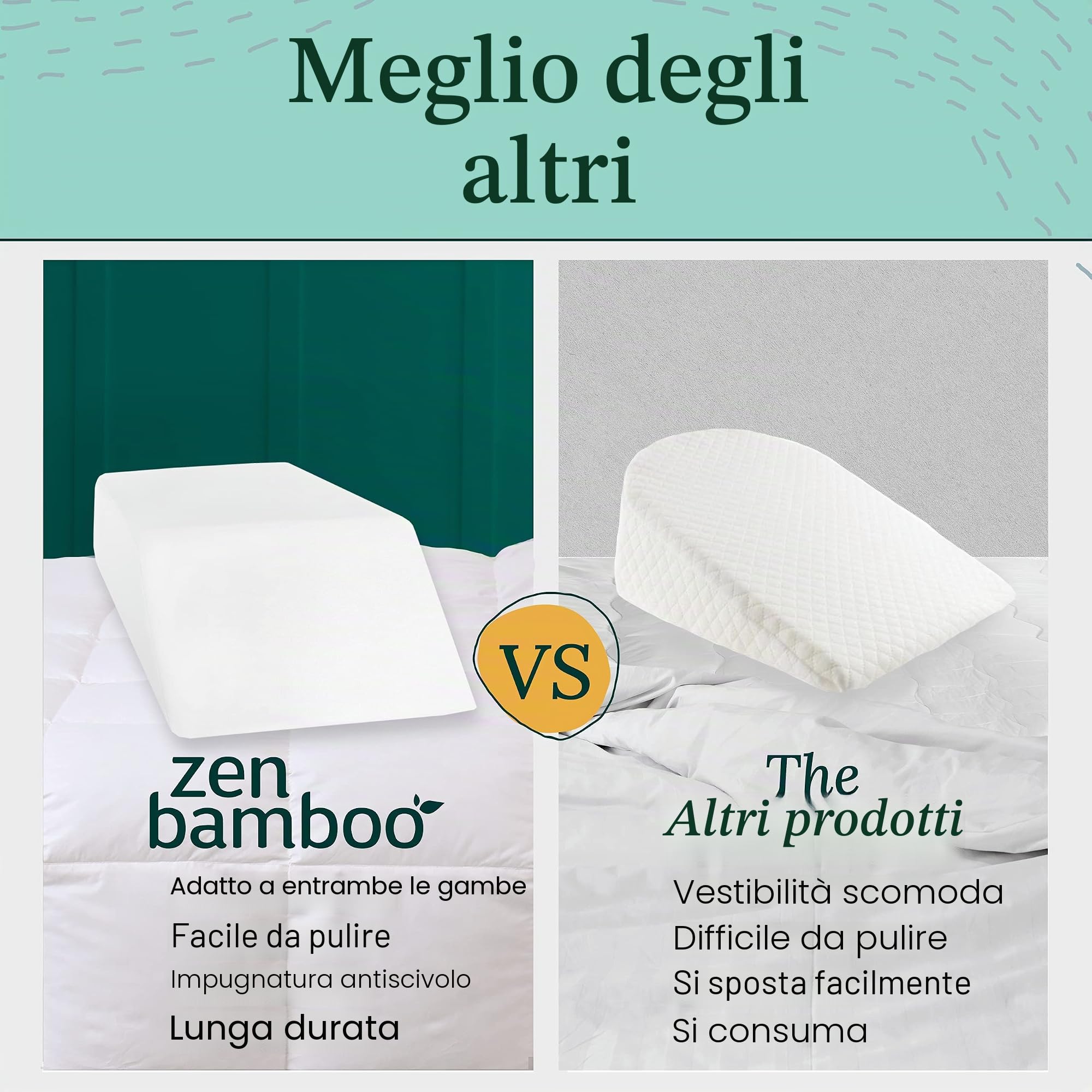 Zen Bamboo, Cuscino per gambe, per sollevare e far riposare le gambe, in memory foam, riduce il dolore alla schiena e migliora la circolazione, con fodera rimovibile in bambù