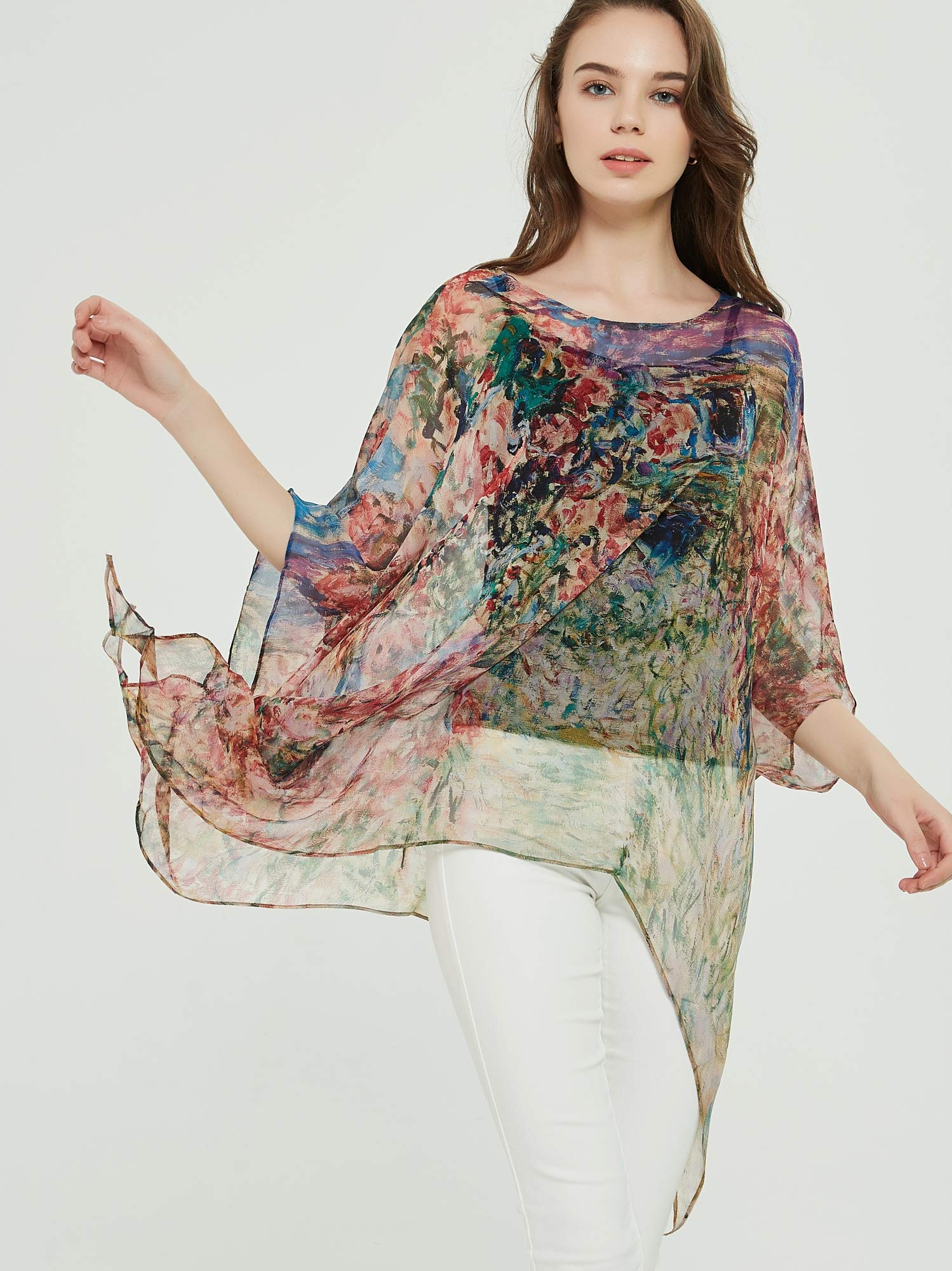 Donna Estivo Seta Chiffon Poncho Tunica Kimono Camicetta Vestito dalla Spiaggia di Estate One Size