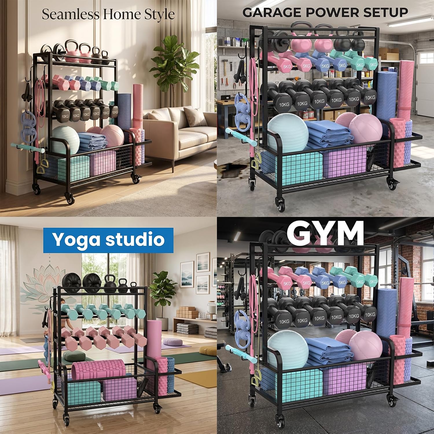 Dumbbell Rack,4-Tie Weight Rack for Dumbbells and Kettlebells, All-in-One Home Gym Storage Organizer with Wheels and Hooks, Steel Workout Equipment Storage for Yoga Mats and Exercise Balls, Black
