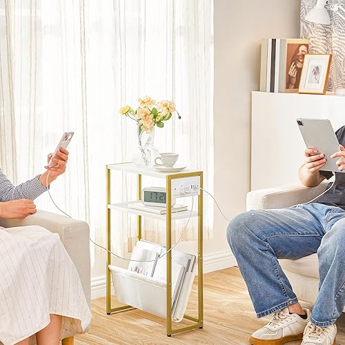 HOOBRO Mesa auxiliar con estación de carga, juego de 2 mesas auxiliares estrechas, mesa auxiliar de sofá de 3 niveles, con 2 estantes de madera y