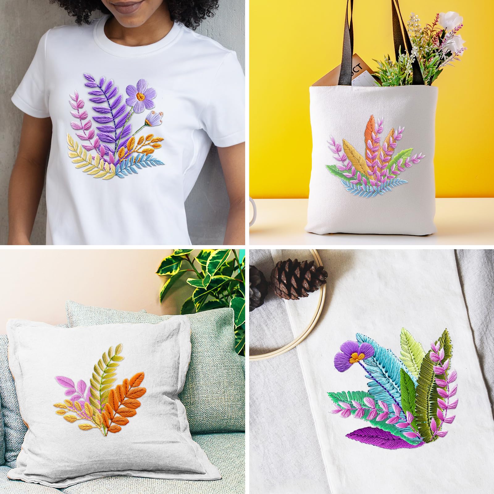 INFUNLY 4 Sets DIY Embroidery Kit for Beginners 11.8"×11.8" Leaf and Flower Embroidery Hoop Kits Color Threads Flowers and Plants Cross Stitch Kits Needlepoint Kits with Instructions for Starter - Image 2