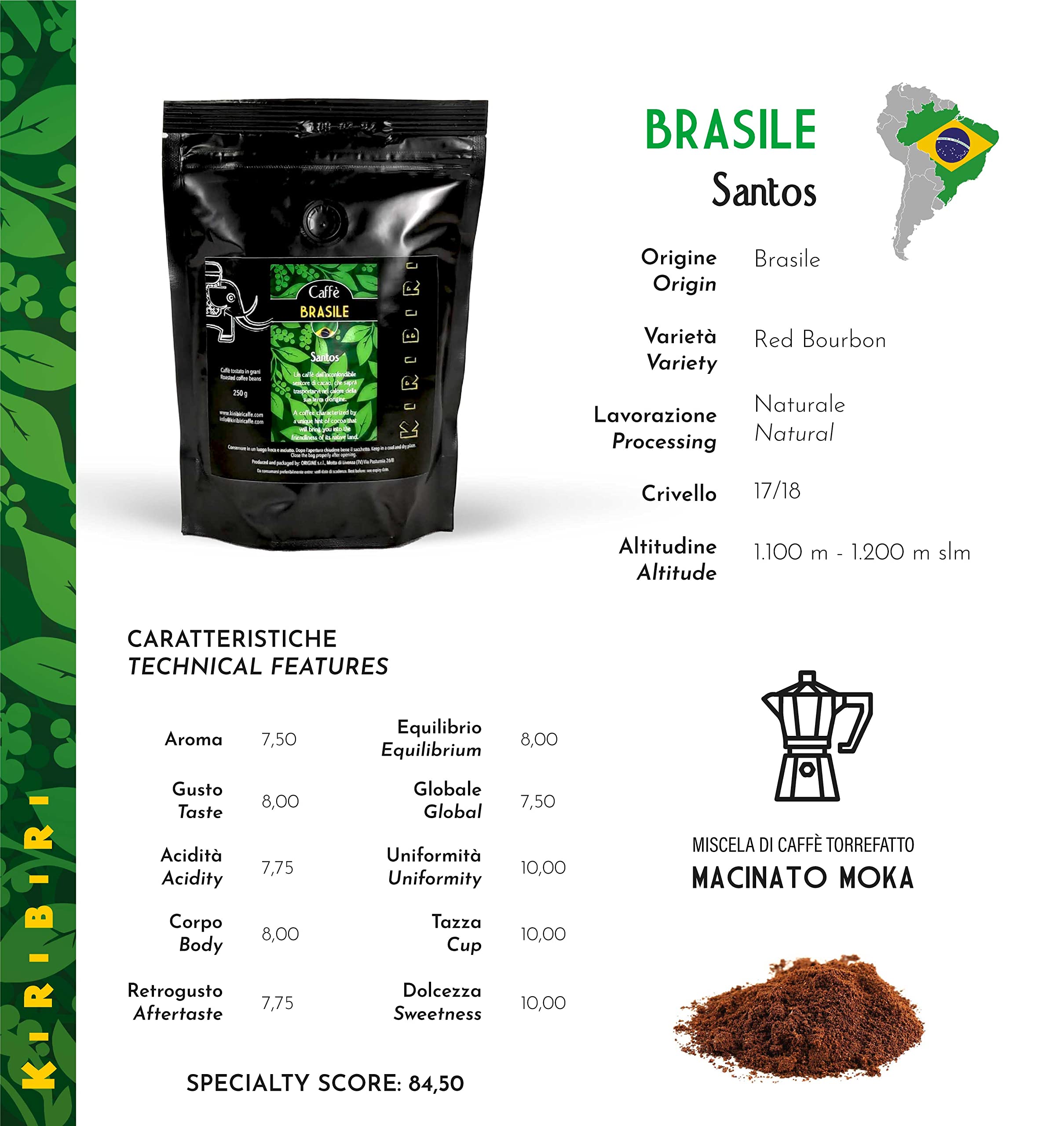 KIRIBIRI Caffè Macinato per Moka Caffè Specialty Monorigine 100% Arabica - Confezione 4 x 250g - Brasile, Guatemala, Honduras Biologico, Kenya