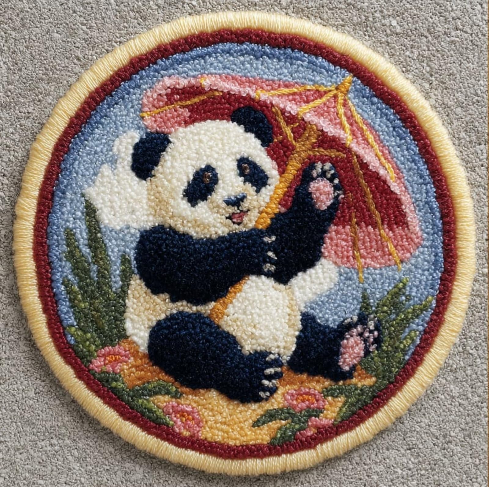 WallustrioaW Latch Hook Kits for Adults,Panda with an Umbrella,Rug Making Kit DIY Craft Latch Hook Rug Set Tapestry Cushion Pre-Printed Patterns,50x50cm