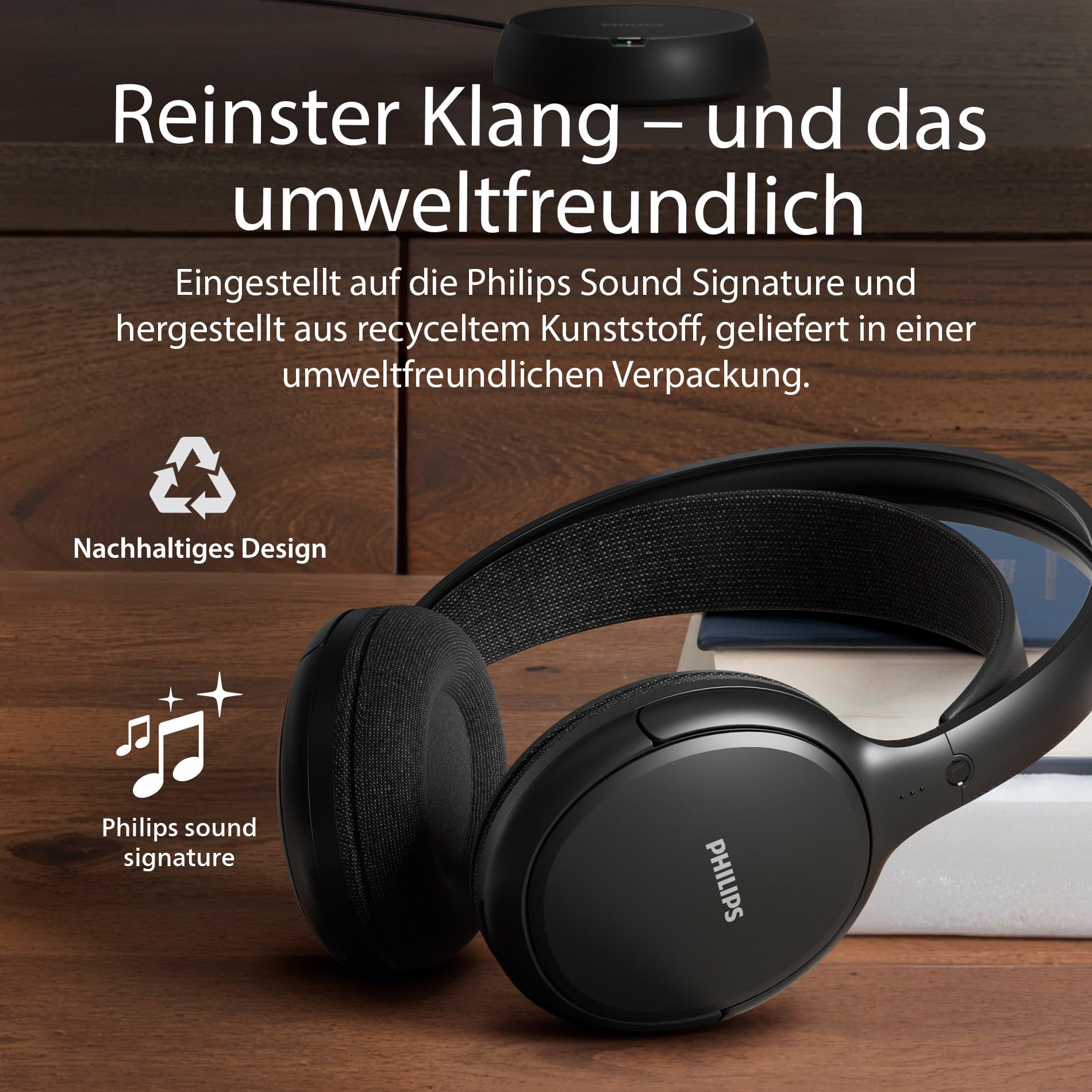 Philips SHC5200M2 kabellose TV-Kopfhörer mit 30 Std. Wiedergabezeit, 30 m Reichweite, digitaler 2,4-G-Verbindung, bequemem ohraufliegendem Sitz, austauschbarem Akku, klarem Dialogklang – Schwarz
