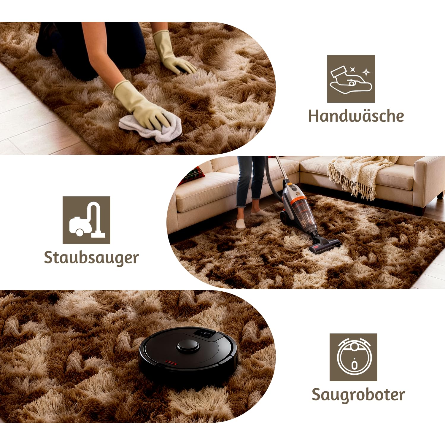 Teppich Wohnzimmer Braun 200x300 cm flauschig weich | Hochflor-Teppich, waschbar, rutschfest, weich. Ideal für offene Räume, Esszimmer und große Schlafzimmer.
