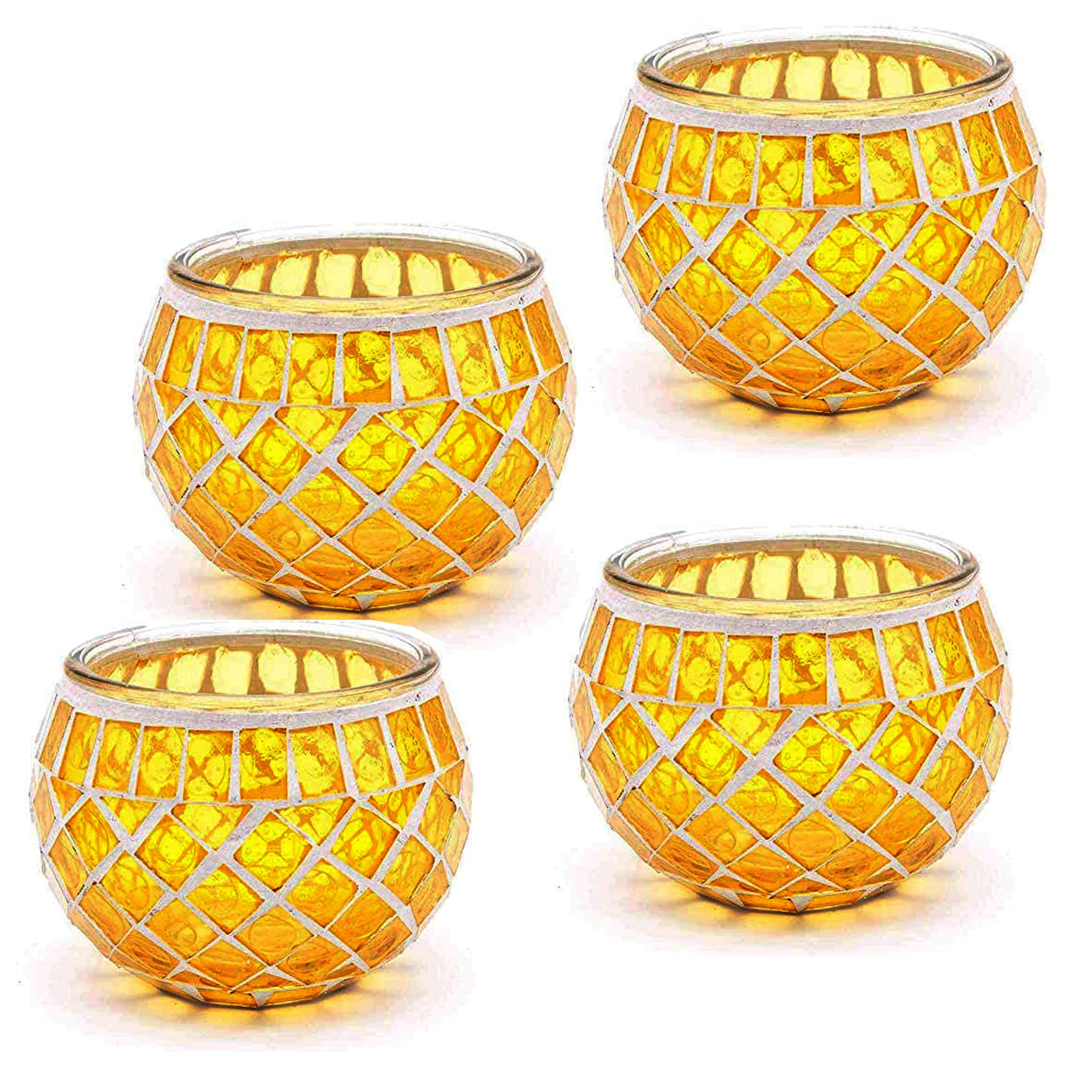 Mosaic Glass Candle Holder Vintage Jar Tealight Holders, Home Decoration with upto 8 Hour Burn Tea Light Candles (Golden Yellow 4 Pack) — image 1