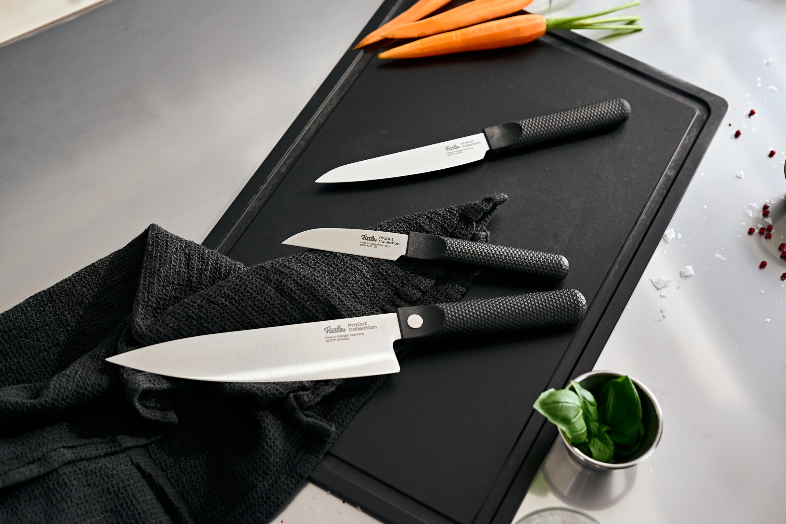 Fissler Procut/Premium Messer-Set 3-teilig (1 Fleischmesser 18 cm, 1 Gemüsemesser 9 cm, 1 Kochmesser 20 cm) handgeschliffene Edelstahlklinge, Made in Germany, sehr leicht, ergonomisch