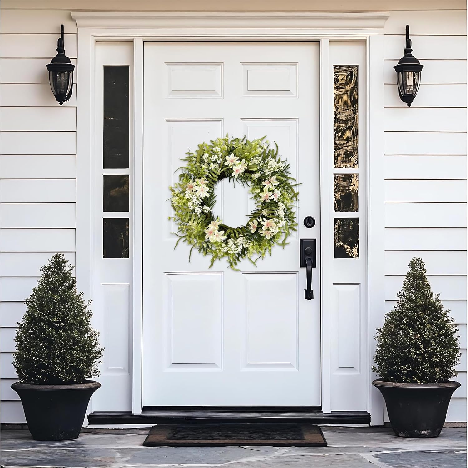 22 Inch Greenery Wreath for Front Door, Green Boxwood Olive Willow Wreath with Berries Wildflowers, Artificial Floral Wreath for Spring Summer Outdoor Porch Wall Farmhouse Wedding Home Decor