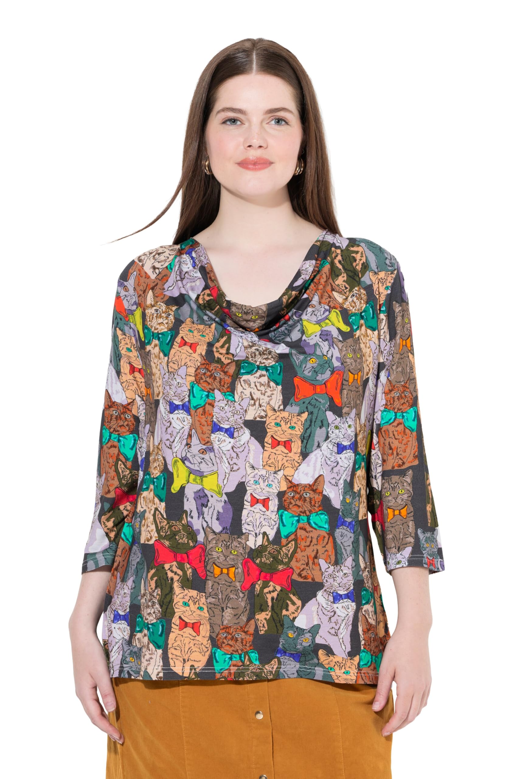 Ulla Popken Damen große Größen Übergrößen Plus Size Shirt,Tierprint, Wasserfallkragen, 3/4-Arm 829781