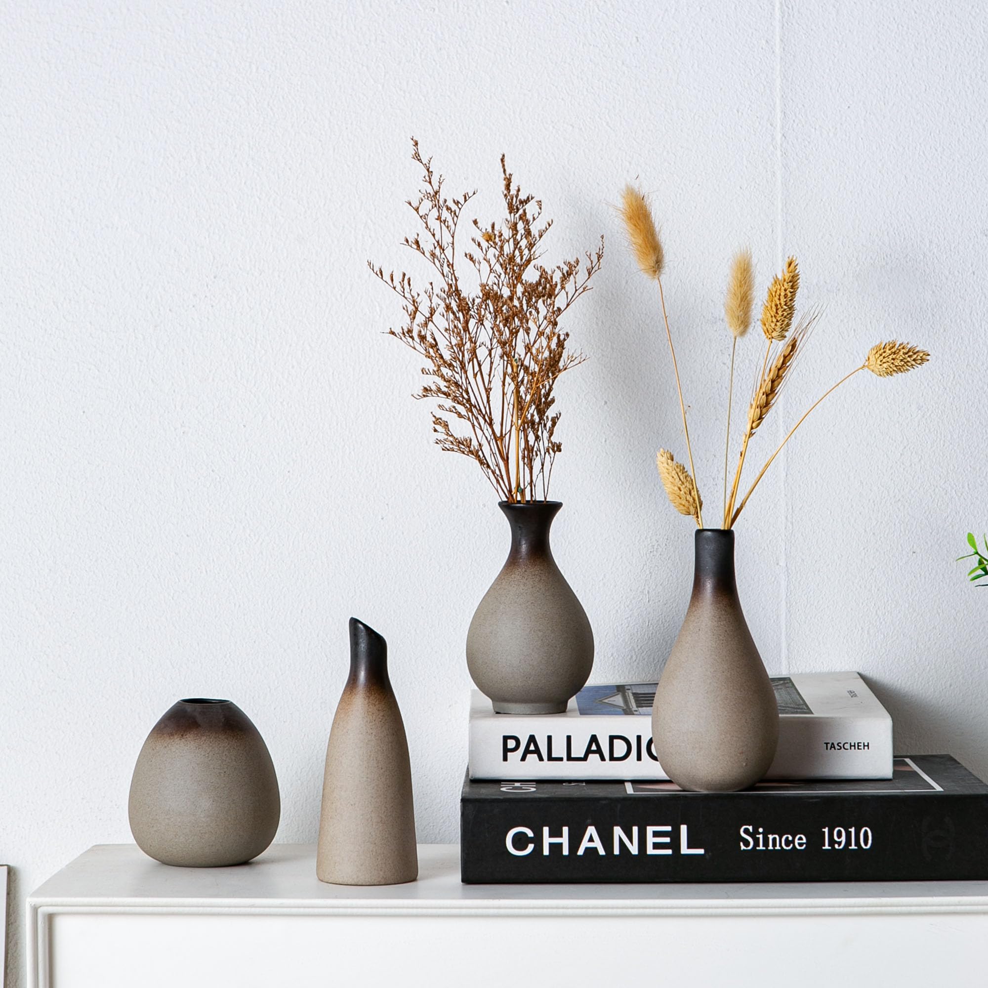 Rustic Ceramic Bud Vase Set of 9, Small Vases for Pampas Grass, Flowers, Modern Farmhouse for Home Decor, Vintage Decor, for Living Room, Dining Table & Shelves