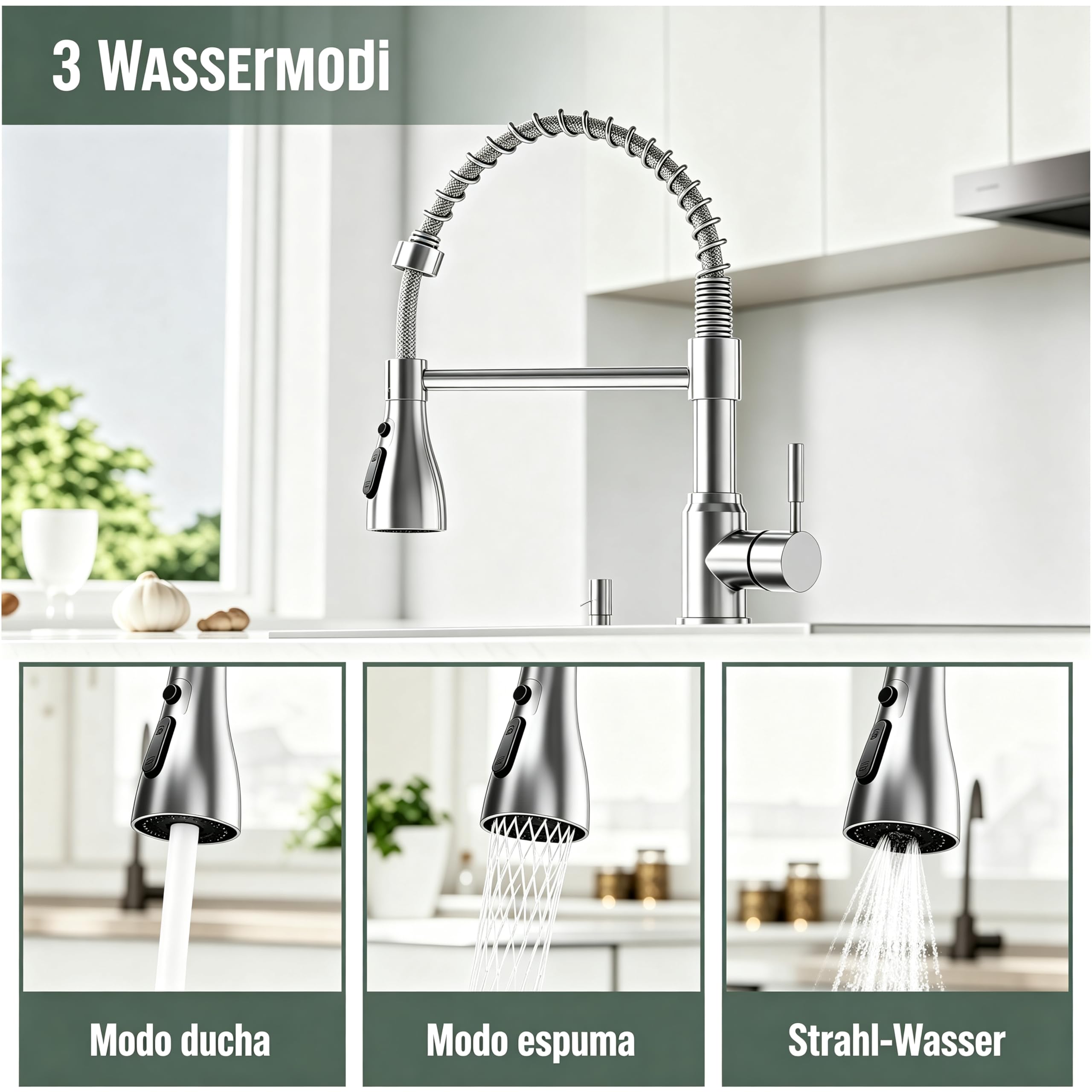 Einhebel-Küchenarmatur aus Edelstahl (Grohe-Style), Hochglanz-Chrom-Oberfläche (Silber) – inkl. Montagezubehör, kompatibel mit britischen Standardanschlüssen (Drahtumwickelt, Silber)
