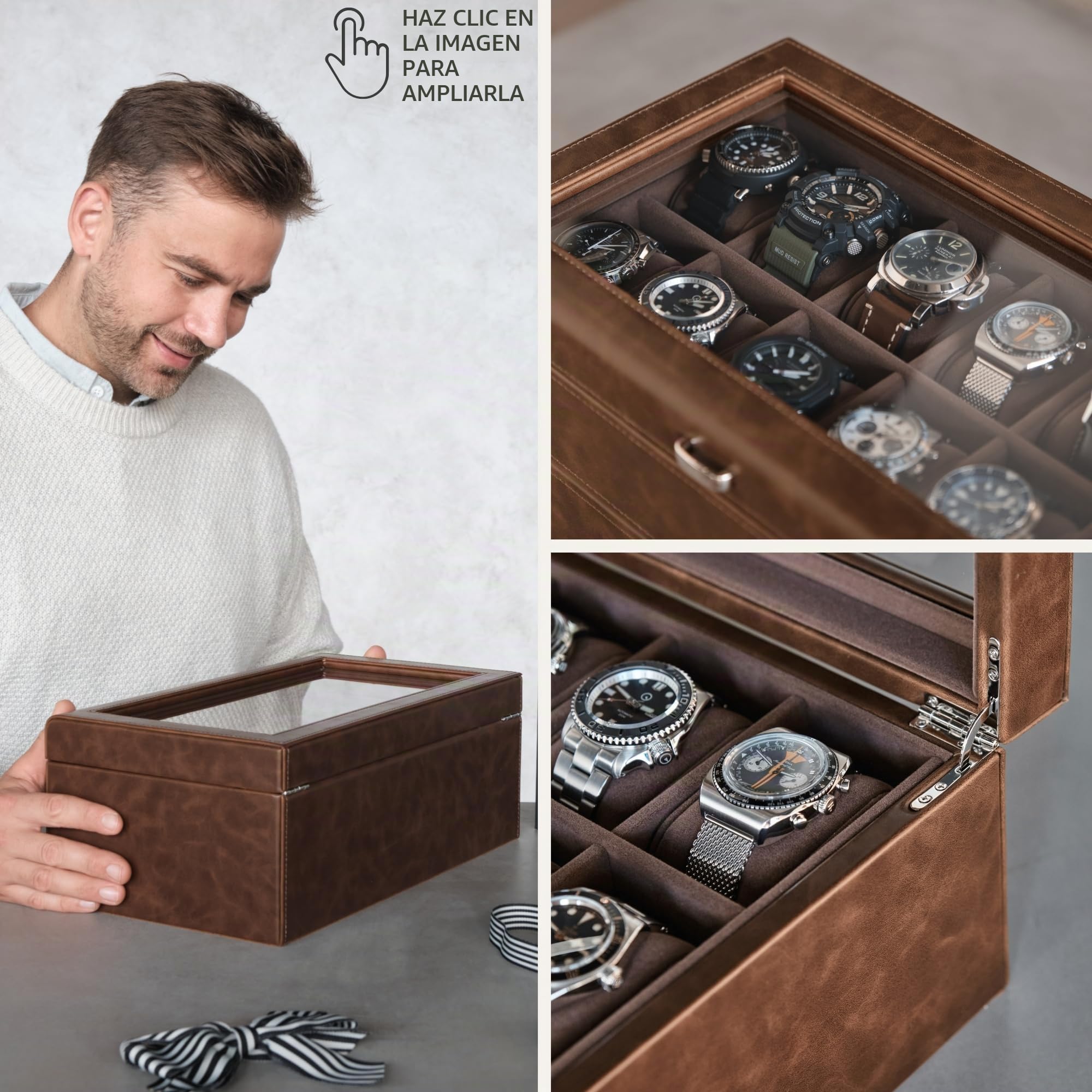 TAWBURY Caja de reloj para hombre – 8, 12, 12 Slot with Drawer, Cuero sintético - Marrón