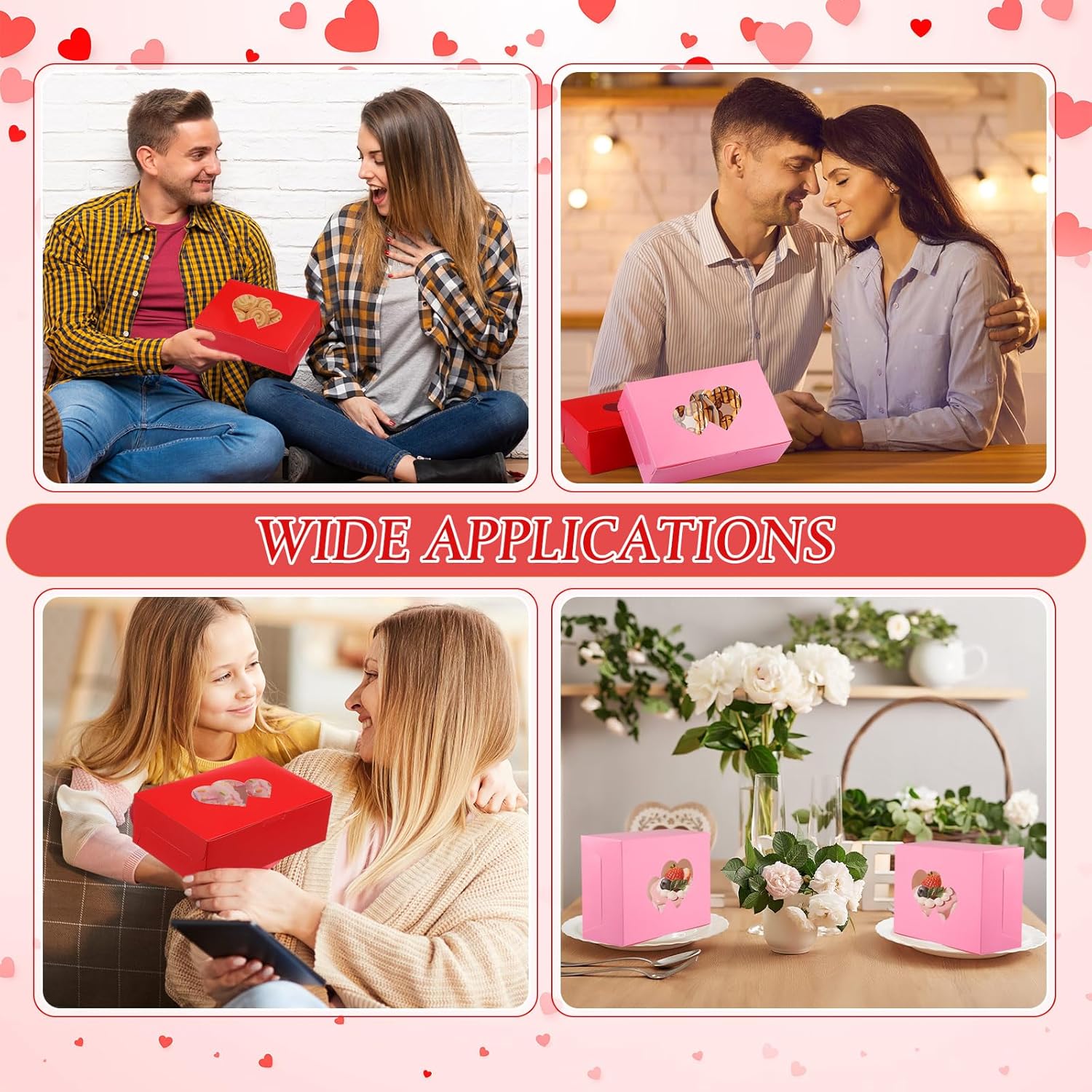 Tenceur 120 Pcs Valentine's Day Bakery Treat Boxes 9'' x 6'' x 3'' Large Cookie Boxes Bulk with Window Heart Shaped Gift Packaging Valentine Treat Containers for Pastry Cupcake Candy Dessert Party