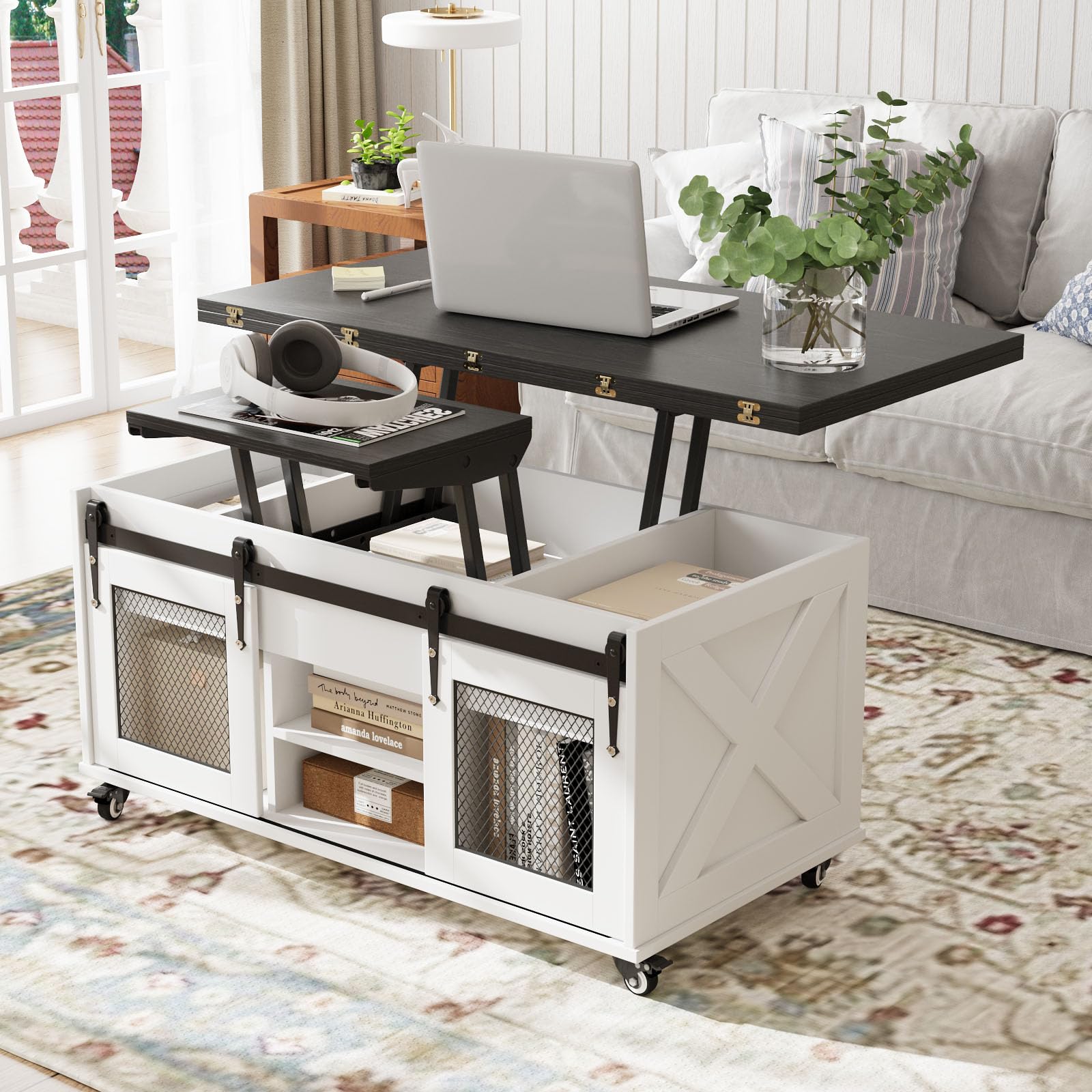 VOWNER Mesa de Centro Elevable, Mesa Extensible, Multifuncional 4 en 1 con Ruedas & Almacenamiento Oculto - Comedor, Convertible, Estilo Granja, Nogal (Negro)