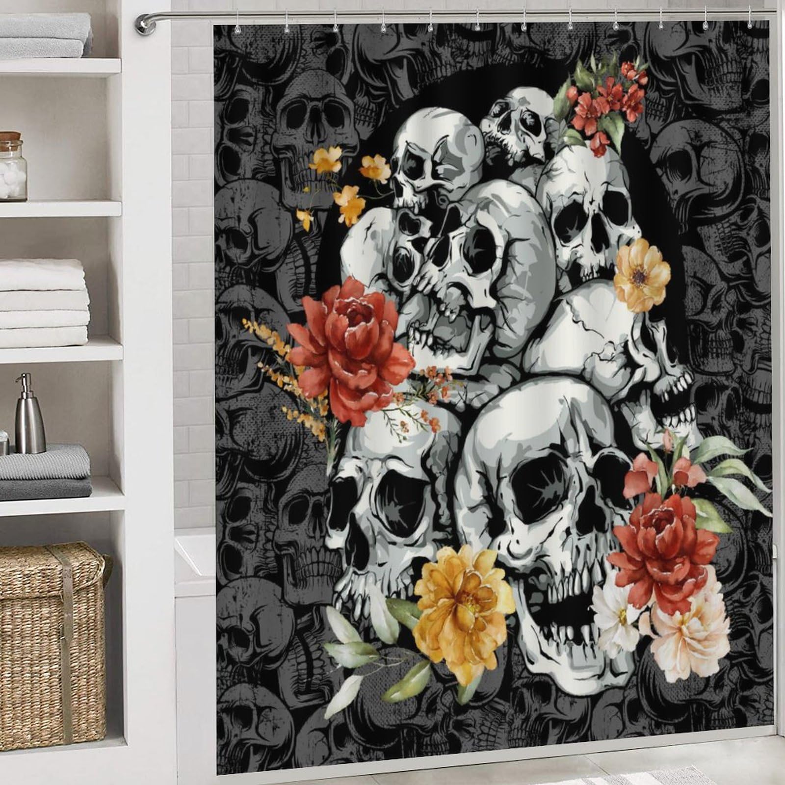 COALHO Juego de 4 cortinas de ducha impermeables con diseño de calavera de rosas rojas, fantasía, abstracto, gótico, esqueleto, con cubierta de inodoro impermeable, alfombra de ducha, 183 x 183 cm