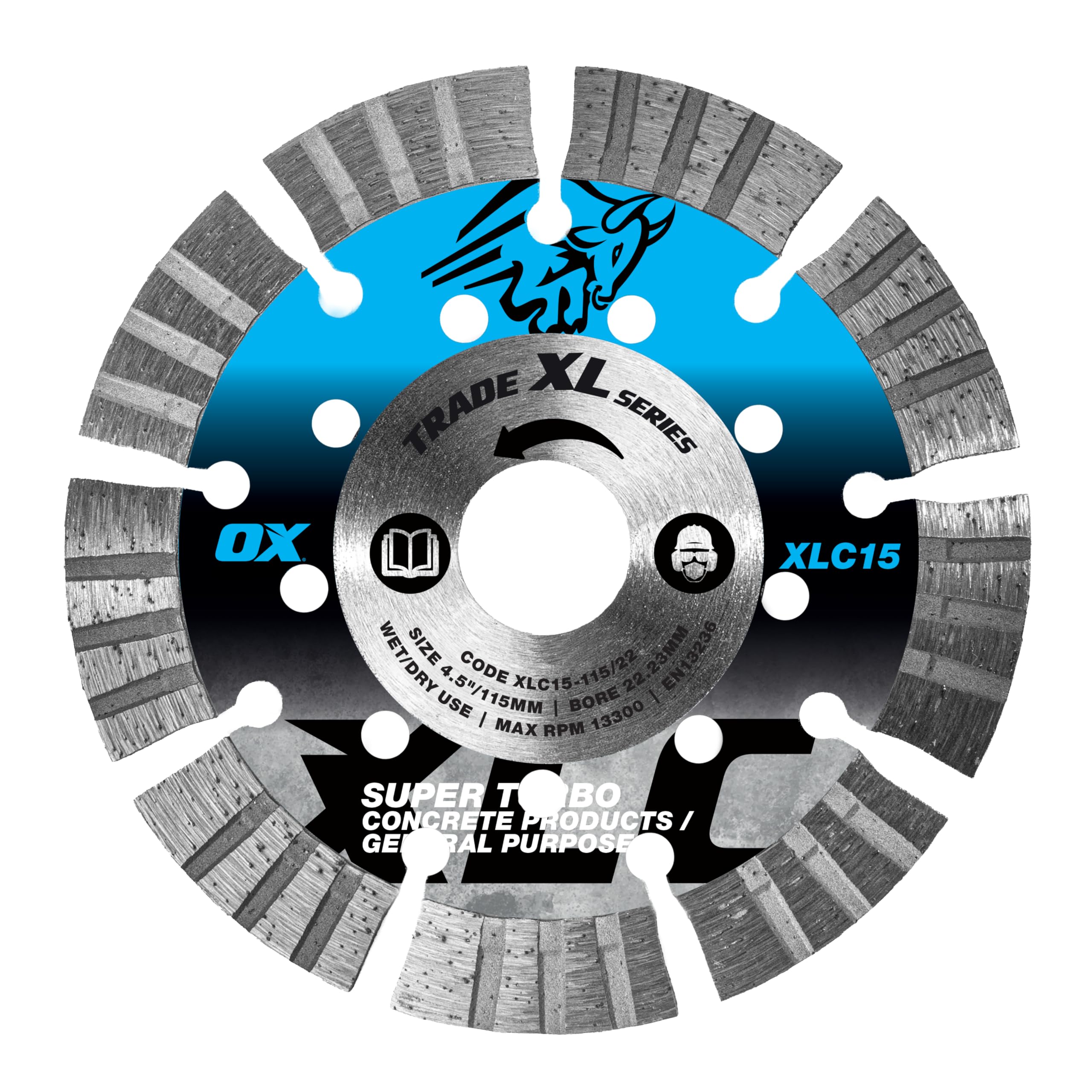 OX Trade XL15mm Turbo Segmented Diamond Blade 115mm, Fast Cut Concrete & GP
