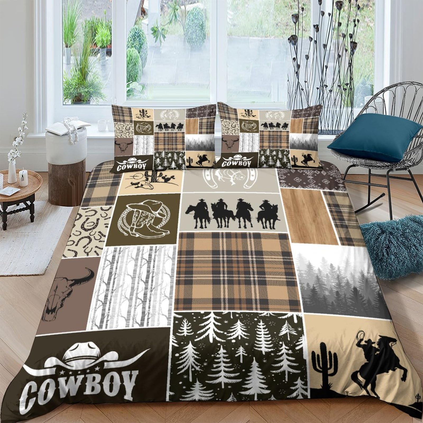 Ctjqhvkz Style-2 3D Printed Cowboy Western Fitted Sheet Microfiber Plaid Forest Bed Cover For Bedroom Guest Room Decor Dustproof Single（135X200cm）