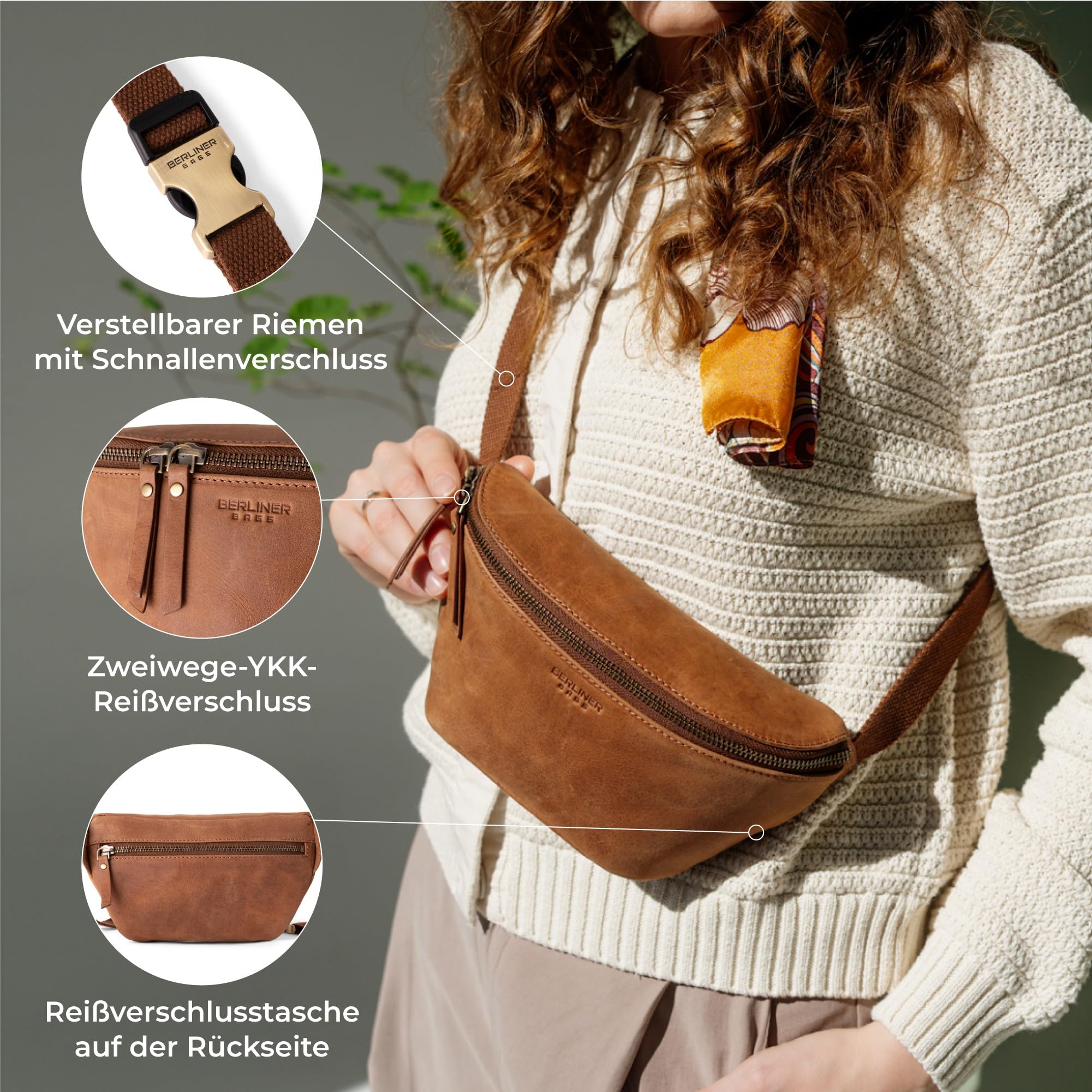 Berliner Bags Vintage Bauchtasche Noah, Umhängetasche aus Leder, Crossbody Tasche, Gürteltasche für Damen und Herren - Braun