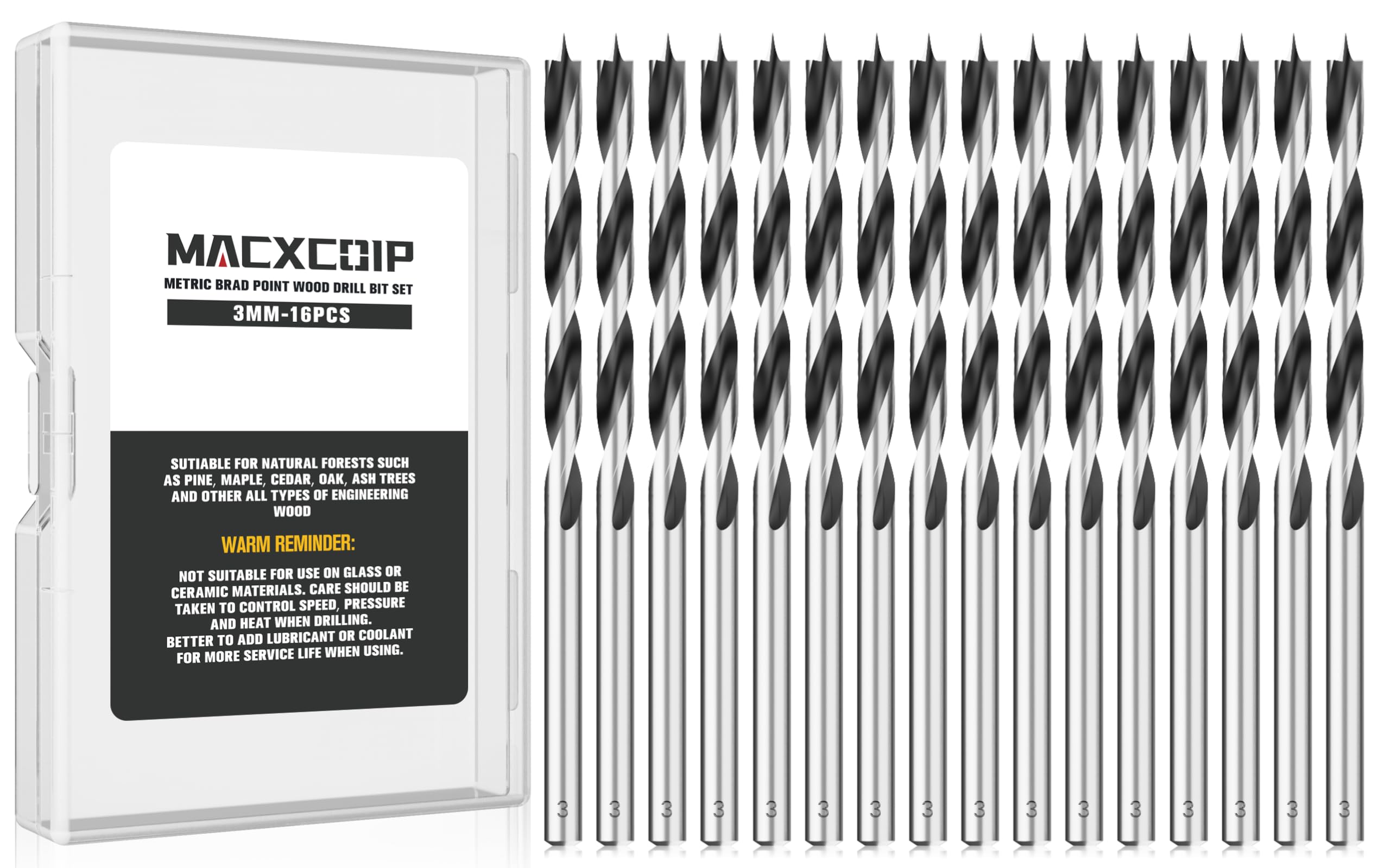 16pc Brad Point Drill Bits - Extra Long Wood Drill Set -28