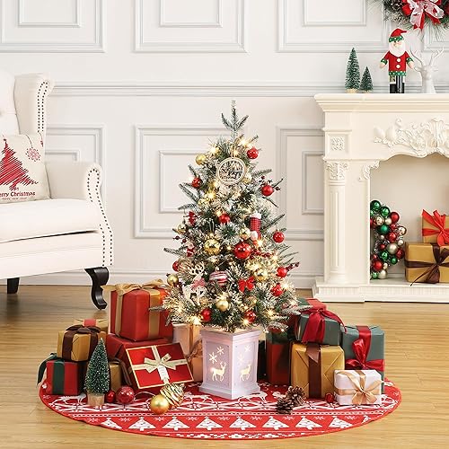 Miniatura 2 de Árbol de Navidad preiluminado de 3 pies, árboles de Navidad artificiales con base de muñeco de nieve iluminada, árboles de Navidad flocados con 70