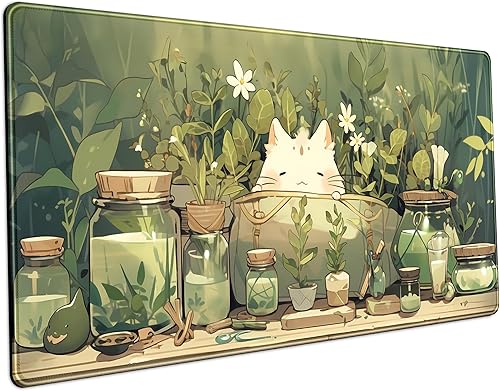 Bonita alfombrilla de escritorio con gato kawaii de plantas verdes y salvia, alfombrilla para mouse gaming XXL grande extendida para escritorio,