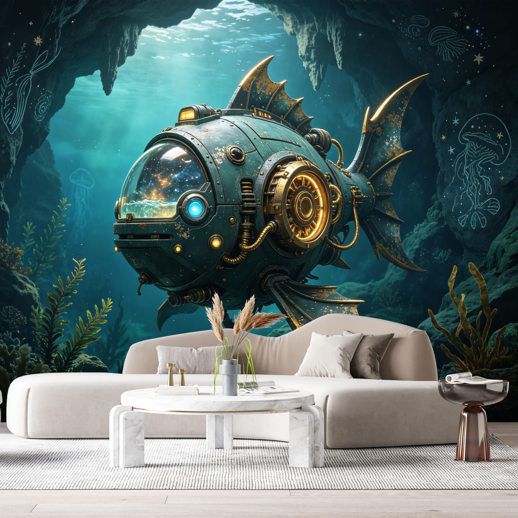 Custom Size Wall Mural Steampunk Mechanical Fish Submarine SciFi Underwater Robot Futuristic Marine Art SelfAdhesive Art Prints Removable Large Wallpaper Esports Room Game Room Studio