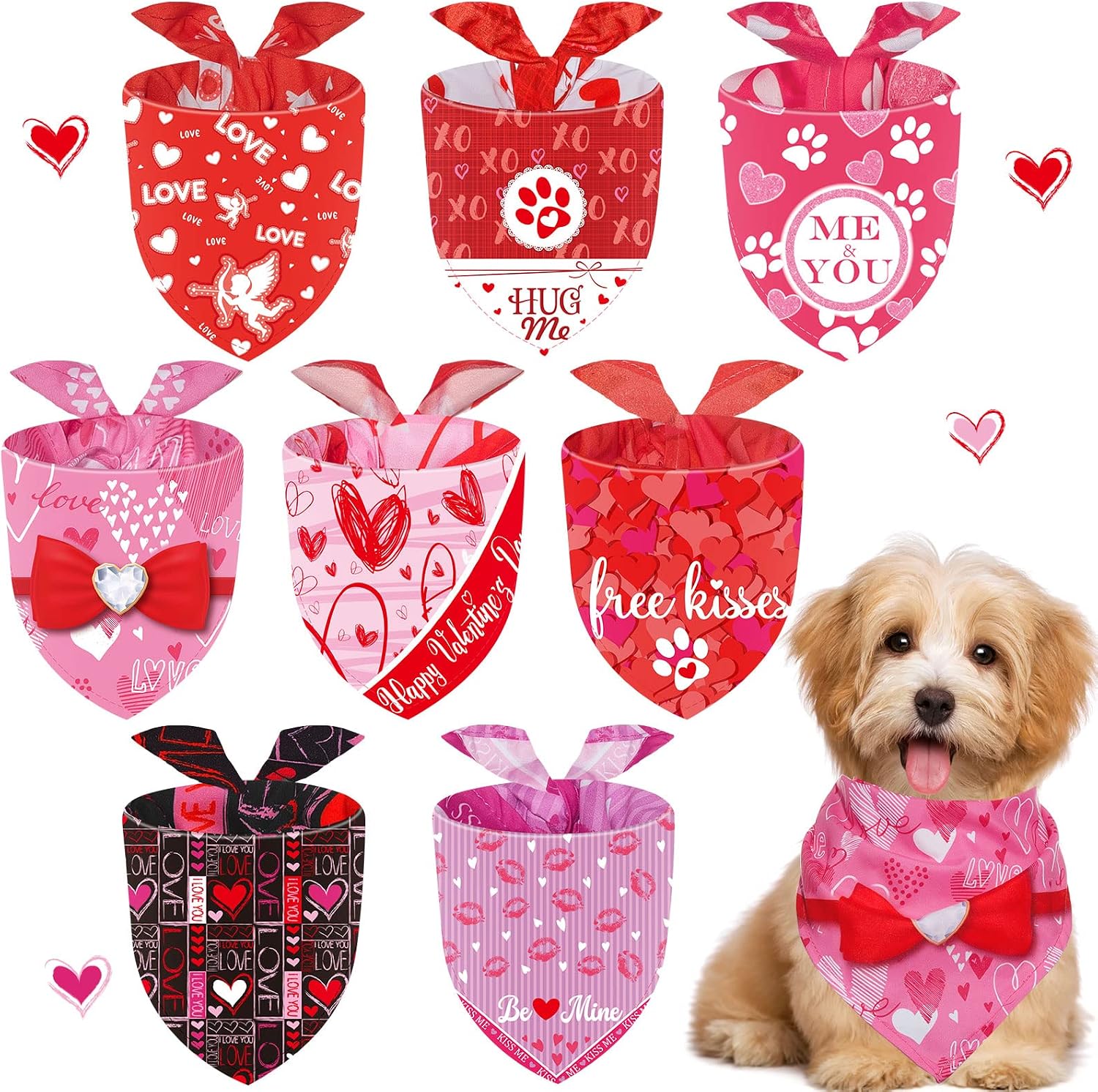 8 Pieces Valentine's Day Dog Bandana Holidays Dog Bandanas Heart Free Kisses Pets Triangle Bibs Cupid Love Lips Washable Dog Pet Scarf…