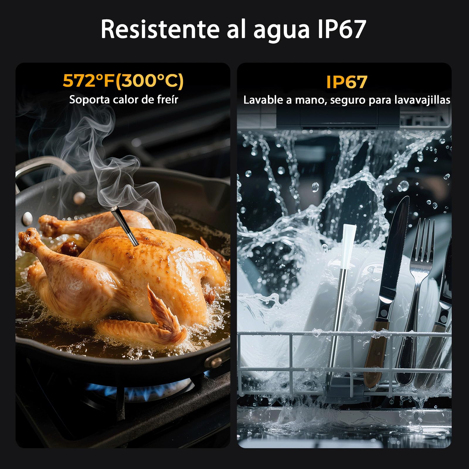 BlueSwan Termómetro de Cocina Inalámbrico con 2 Sondas Aptas para Lavavajillas IP67, Termómetro Digital Inteligente Caja Magnética, 150m Bluetooth App y 9 Modos de Carne, BBQ, Parrilla, Horno, Grill